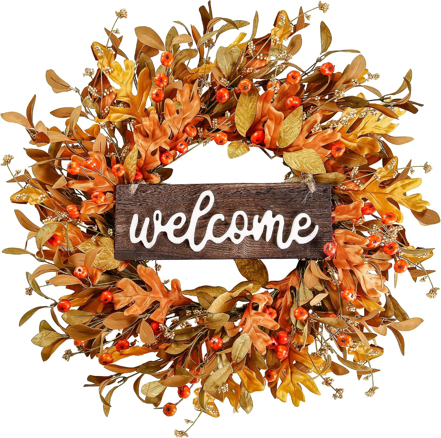 Sggvecsy Artificial Fall Wreath – 18” Autumn Front Door Wreath with Fall Leaves, Small Pumpkins, Cluster of Berries for Outside, Indoor, Wall, Window, Festival, Thanksgiving Decor