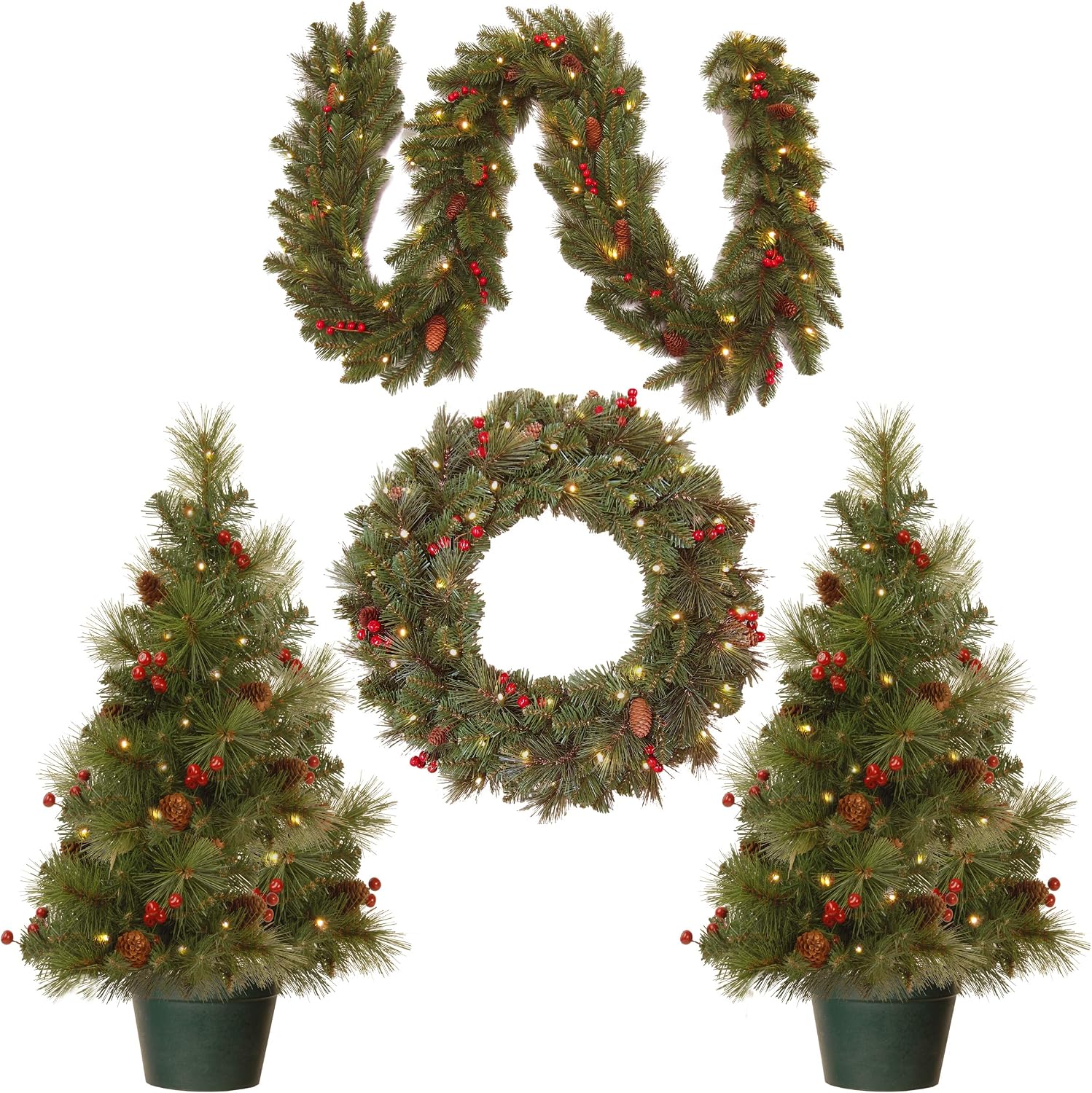 National Tree Company Pre-Lit Everyday Collection Christmas Decoration Set | LED Lights, Includes 2 Mini Christmas Trees,1 Wreath, And 1 Garland, Set Of 4, Artificial