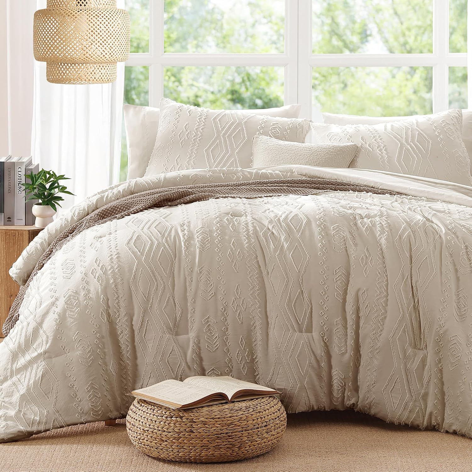 Queen Comforter Set Beige Tufted Boho Bedding Sets Farmhouse 7 Pieces | All Season Bed in a Bag with Comforter, Sheets, Pillowcases & Shams