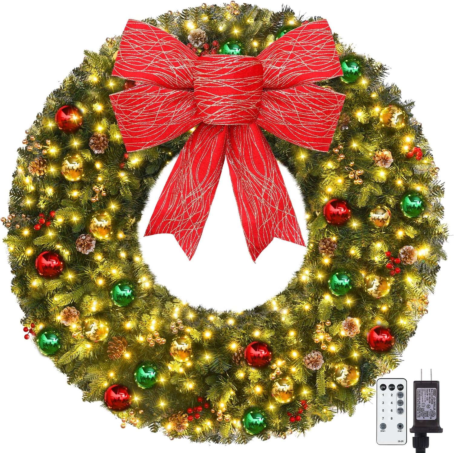 Christmas Wreath – 48 Inch Large Outdoor Christmas Wreath with Lights – 200LED Pre-Lit Christmas Reef 512 PVC Tips Artificial Xmas Wreaths with Timer, Bows Ornament Balls Pine Cones Berries