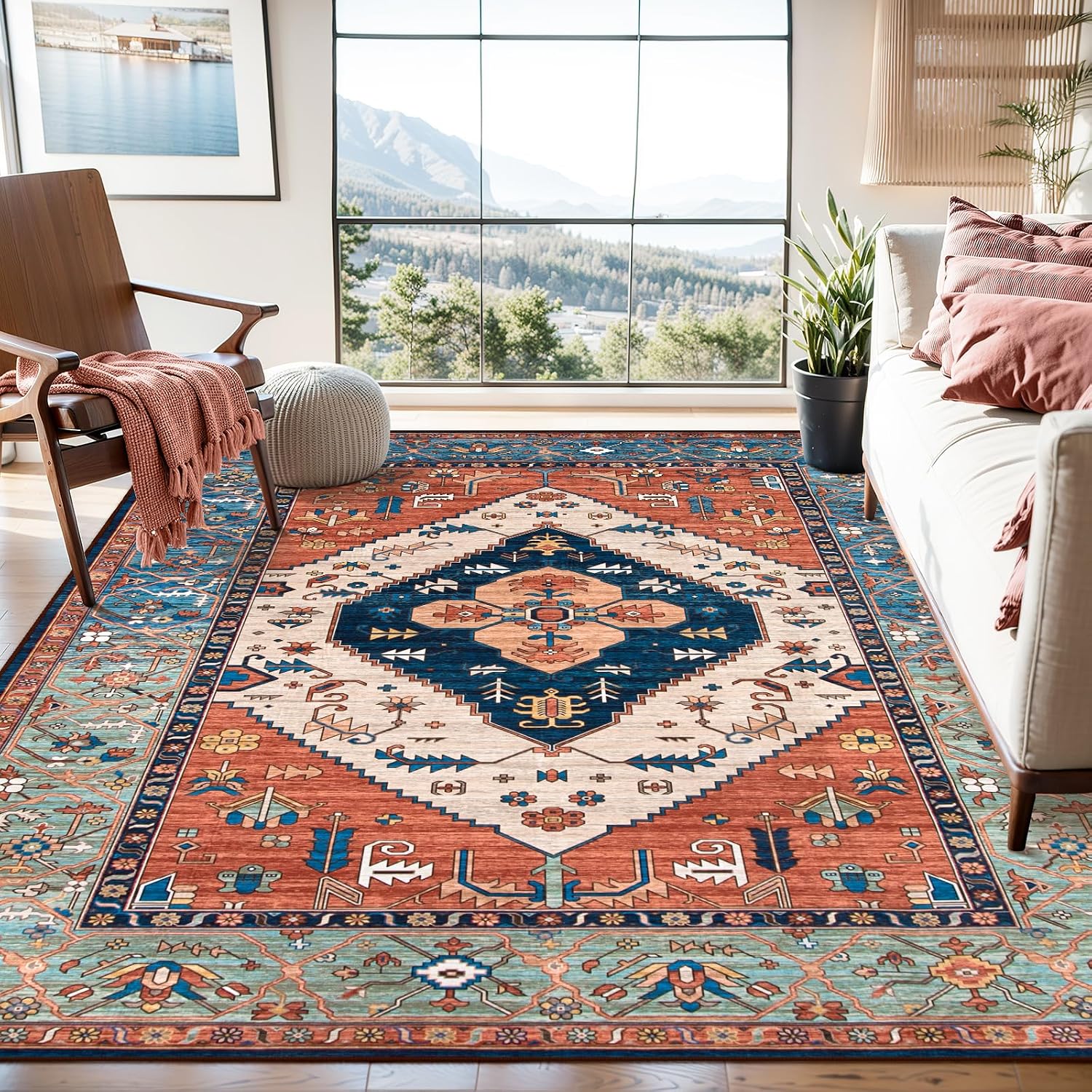 Lahome 8 x 10 Area Rugs for Living Room Boho Washable Non-Slip Backing Large Rug Ultra-Thin Stain Resistant Dining Room Rugs for Under Table, Oriental Print Rugs for Bedroom Adelyn (Rust, 8’x10′)