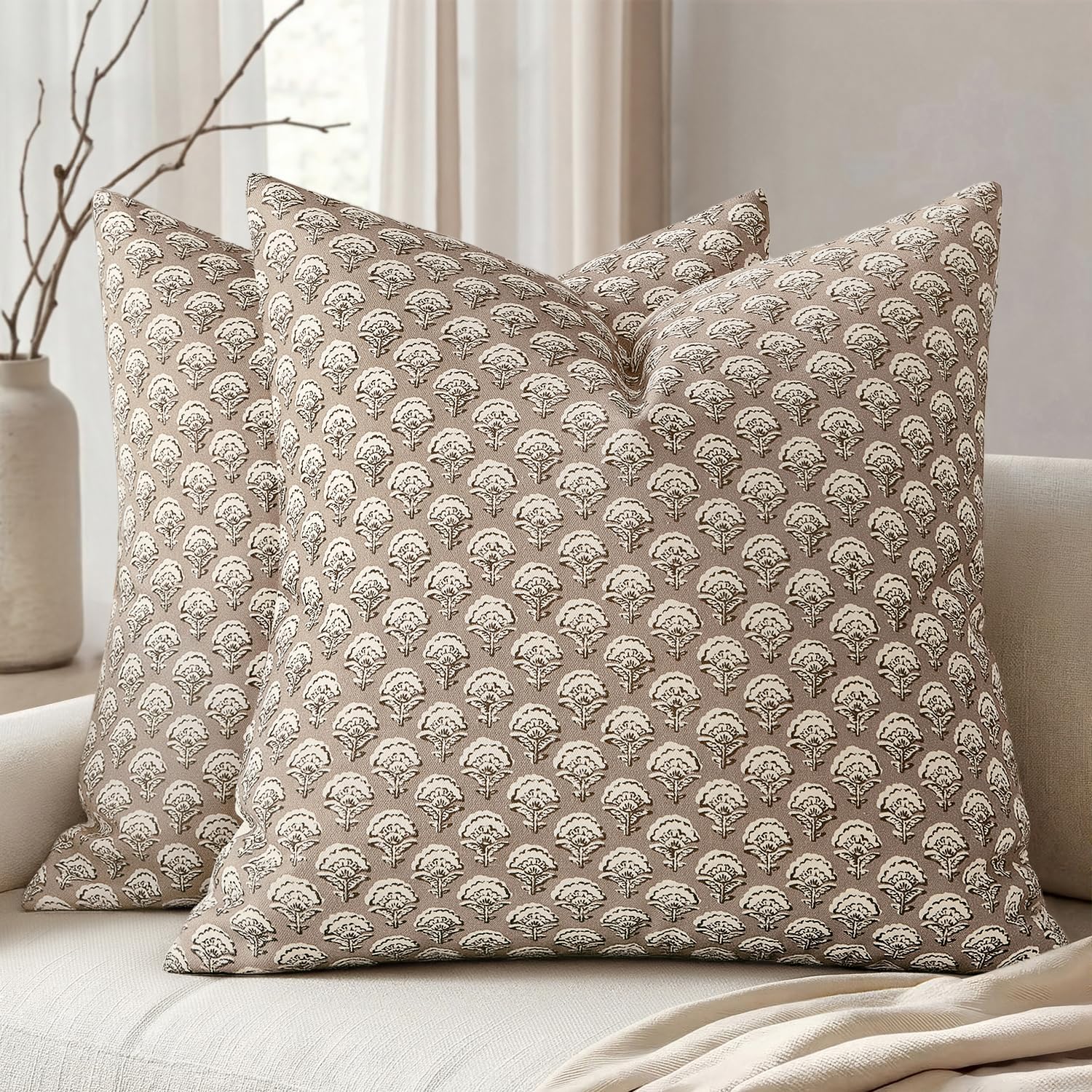 MIULEE Set of 2 Decorative Floral Pillow Covers Neutral Vintage Throw Pillows Block Print Boho Farmhouse Cushion Covers for Modern Spring Home Decor Couch Sofa Bed Living Room, 18×18 Inch, Light Taupe