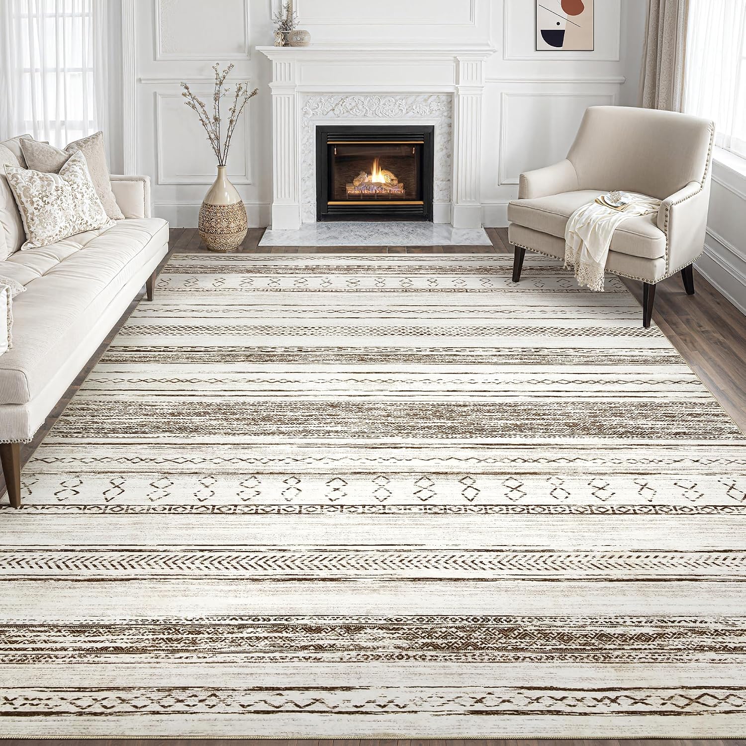 Tortania Area Rug Living Room Rugs – 8×10 Washable Large Soft Neutral Boho Moroccan Bohemian Farmhouse Rug Indoor Floor Carpet for Bedroom Under Dining Table Home Office Decor – Cream Brown