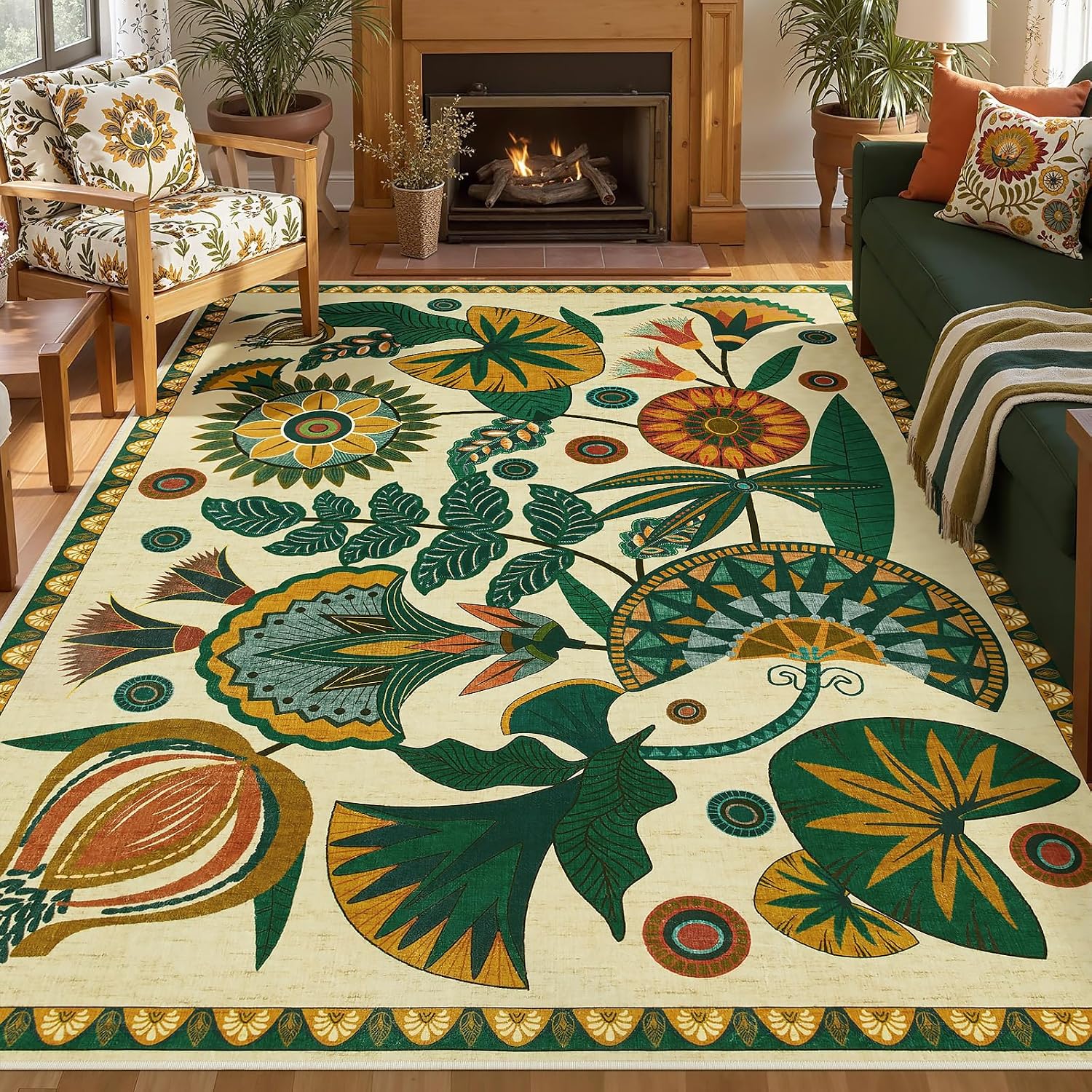 Joydeco Egypt Floral Boho 8×10 Area Rugs for Bedroom Aesthetic, Washable Vintage Living Dining Room Rug Non Slip, Beige Large Indoor Throw Carpet for Playroom Nursery Dorm Classroom