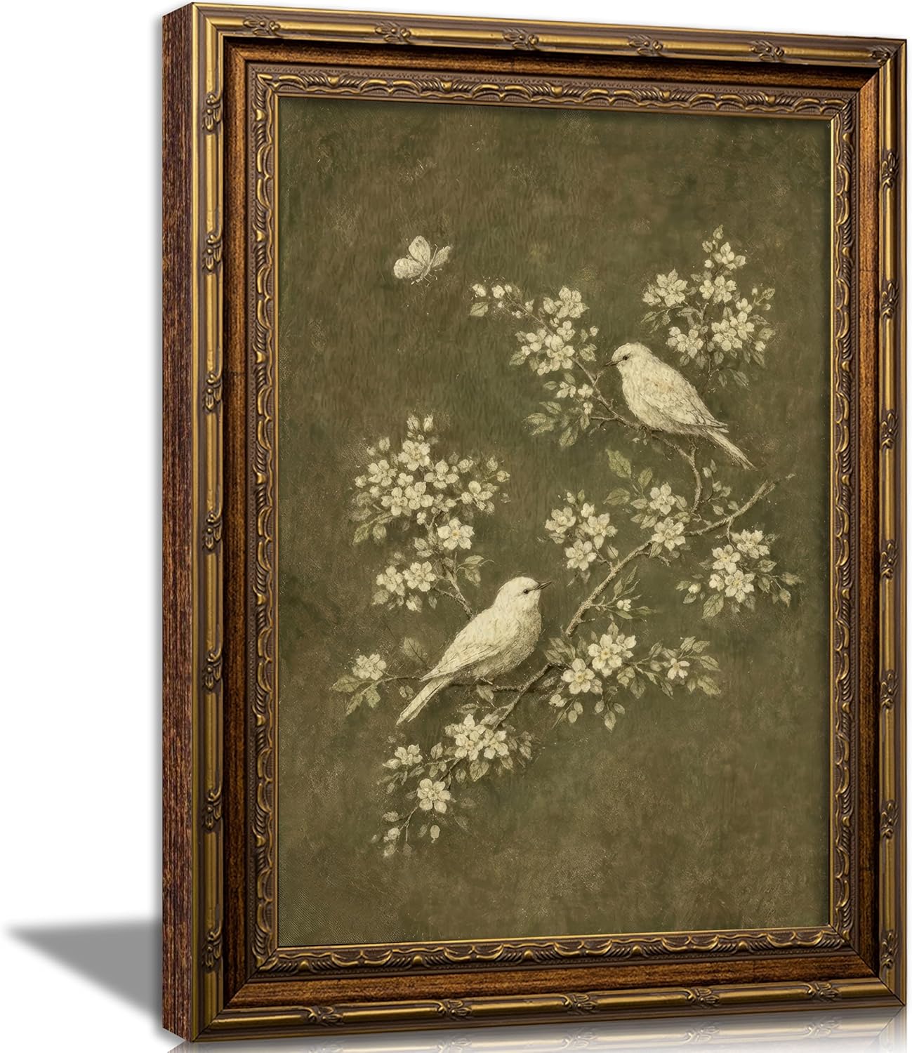 Vintage Gold Framed Bird Wall Art, White Flowers Botanical Oil Painting Canvas Print, Rural Animals Picture Wall Decor, Rustic Farmhouse Poster Artwork for Living Room Bedroom