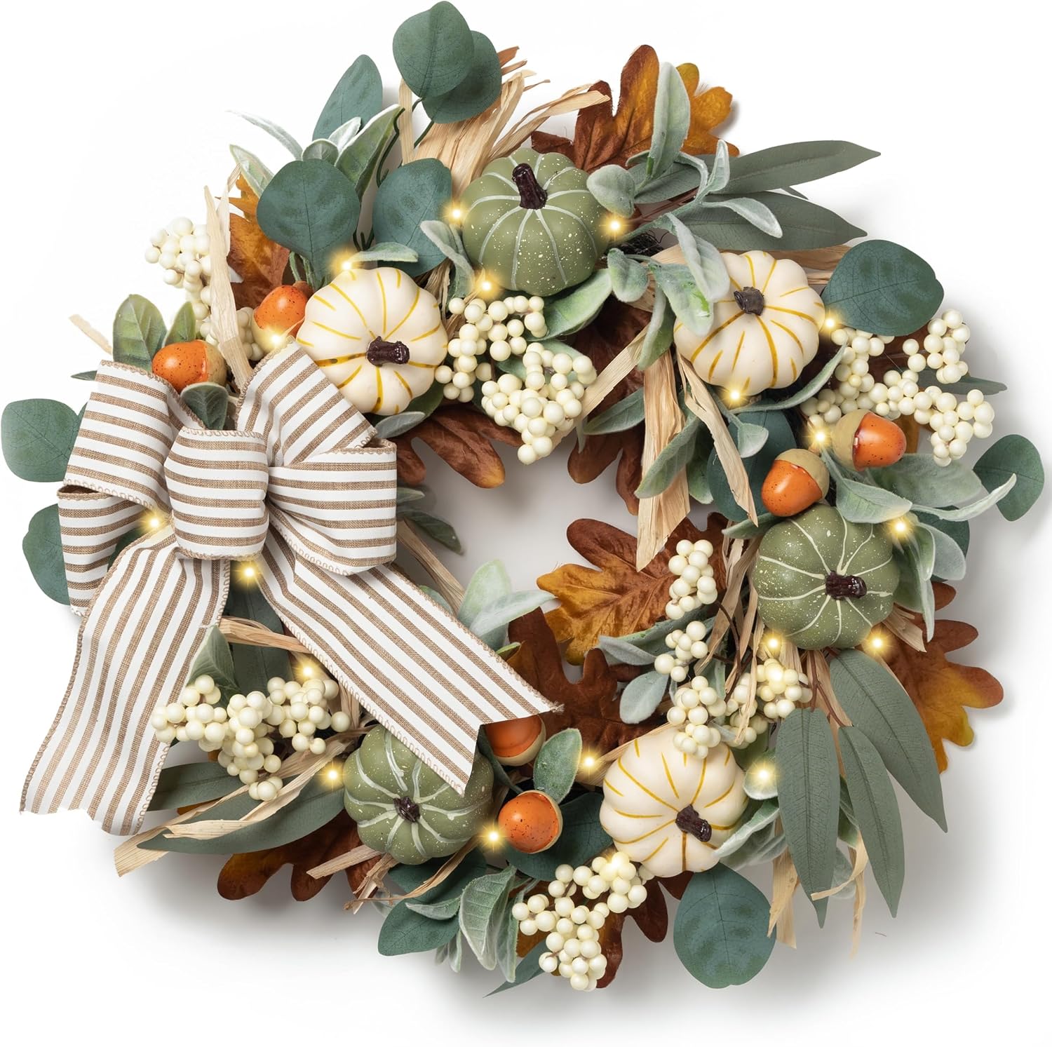 Valery Madelyn 20” Fall Wreaths for Front Door with LED Lights | Farmhouse Autumn Wreath with White Pumpkins Bow for Home Porch Thanksgiving Harvest Table Centerpiece Decorations