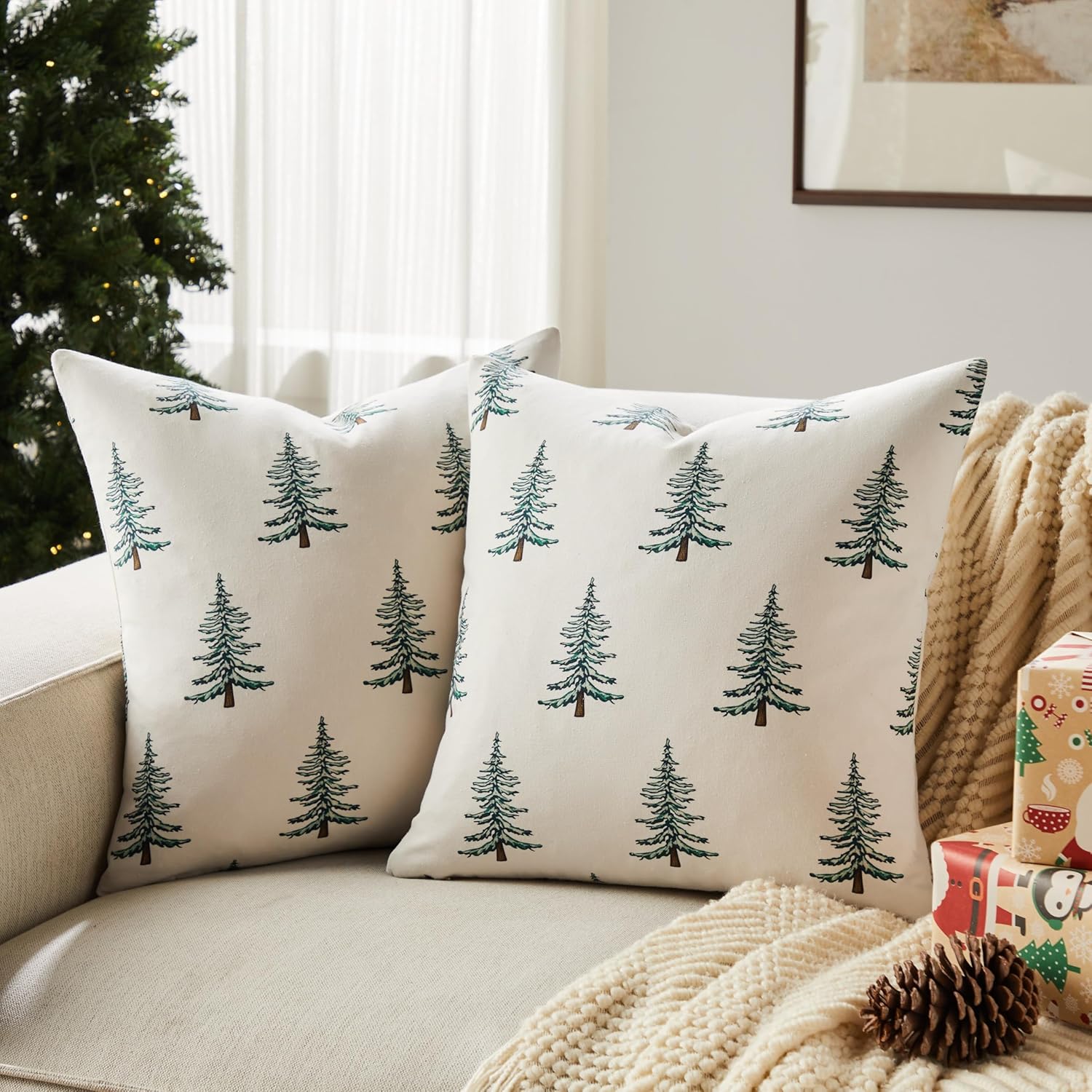 2 Pack Winter Tree Christmas Pillow Covers, 18x18in Christmas Green | 100% Organic Cotton, Reversible‌ Double-Sided Print, Decorative Cushion Covers Pillow Cases, Modern Farmhouse Home Decor