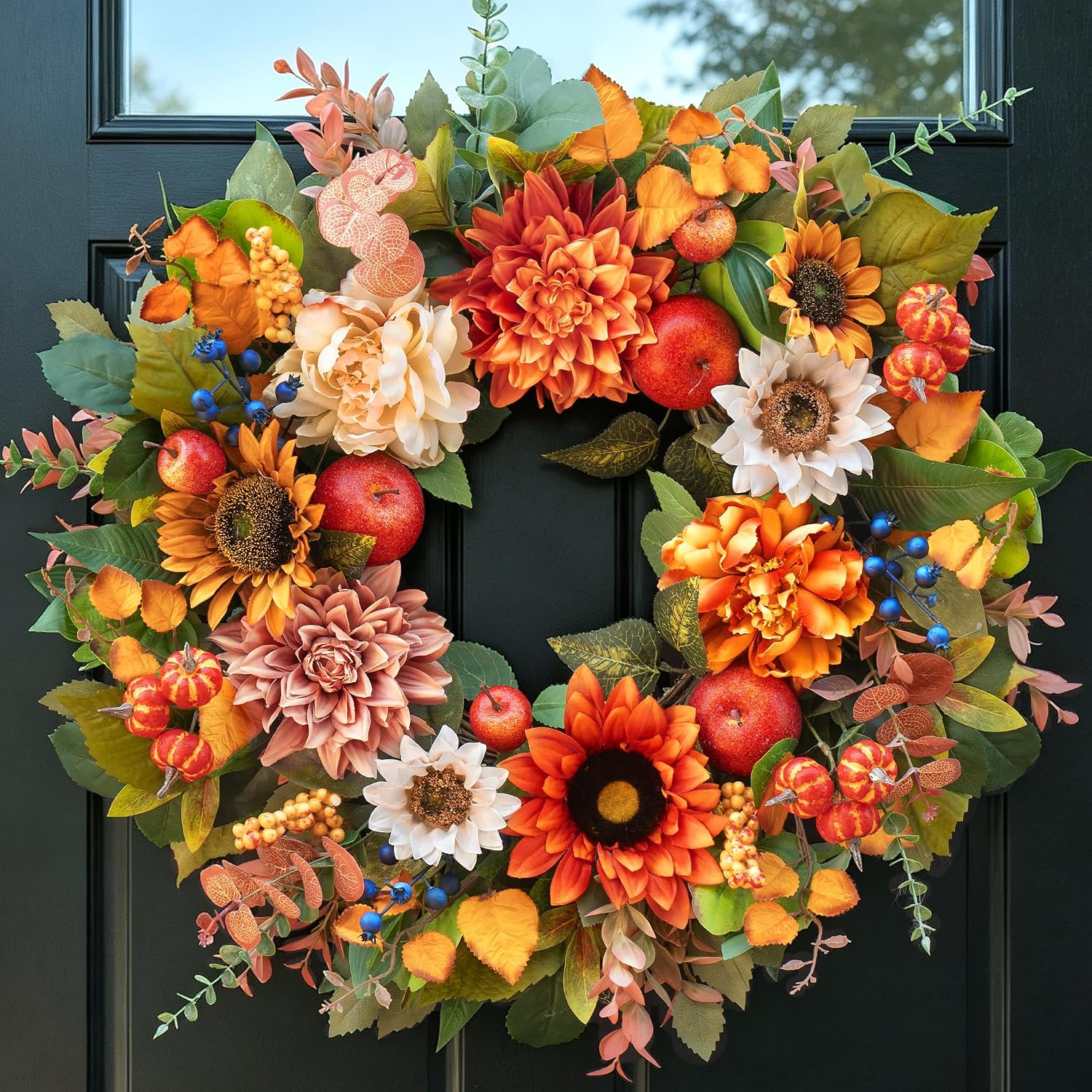 24 Inch Fall Wreaths for Front Door, Apple Wreath Artificial Autumn Wreath | Fall Wreath with Artificial Apples, Dahlias & Sunflowers, Thanksgiving Wreath for Front Door, Farmhouse Fall Door Decor