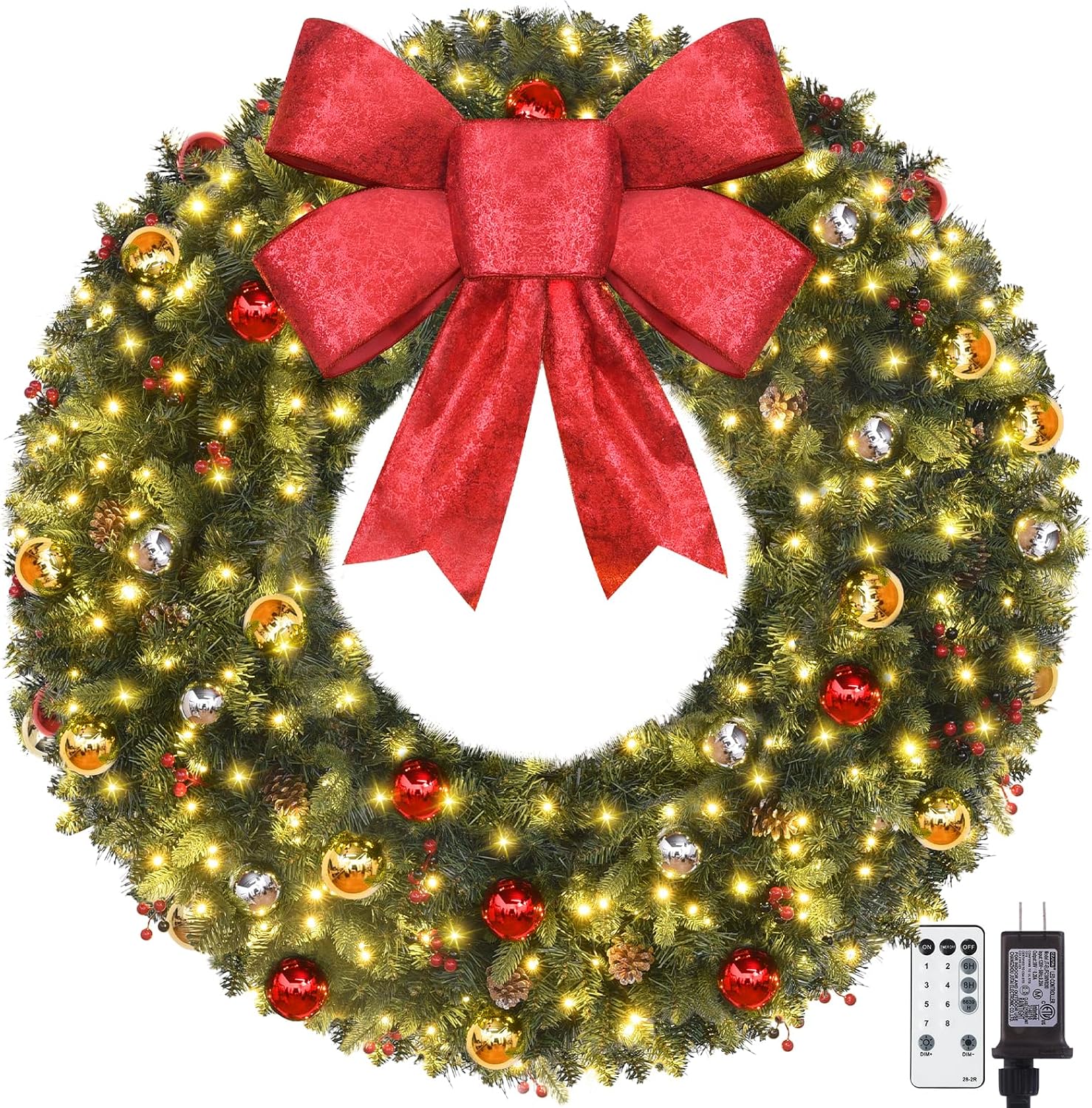 Christmas Wreath Outdoor – 48 Inch Large Prelit Christmas Wreath with Lights 200LED Outdoor Wreath Christmas 512 PVC Tips Artificial Xmas Wreaths with Timer, Bows Ornament Balls Pine Cones Berries