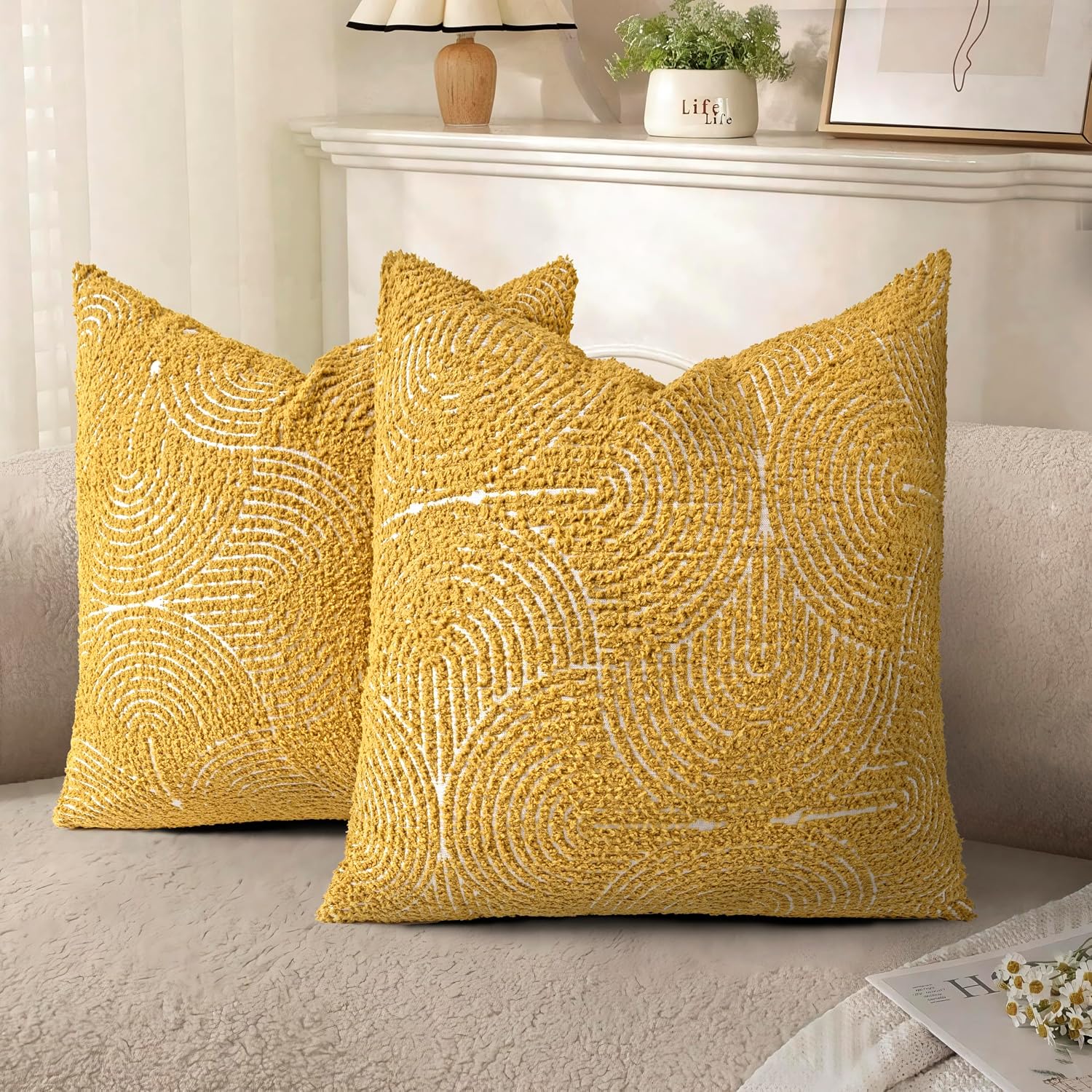 AELS Boho Decorative Textured Throw Pillow Covers 18×18, Organic Modern Mid Century Rainbow Tufted Pillow Case, Farmhouse Rustic Geometric Woven Cushion Case for Bed Couch Sofa, Mustard Yellow