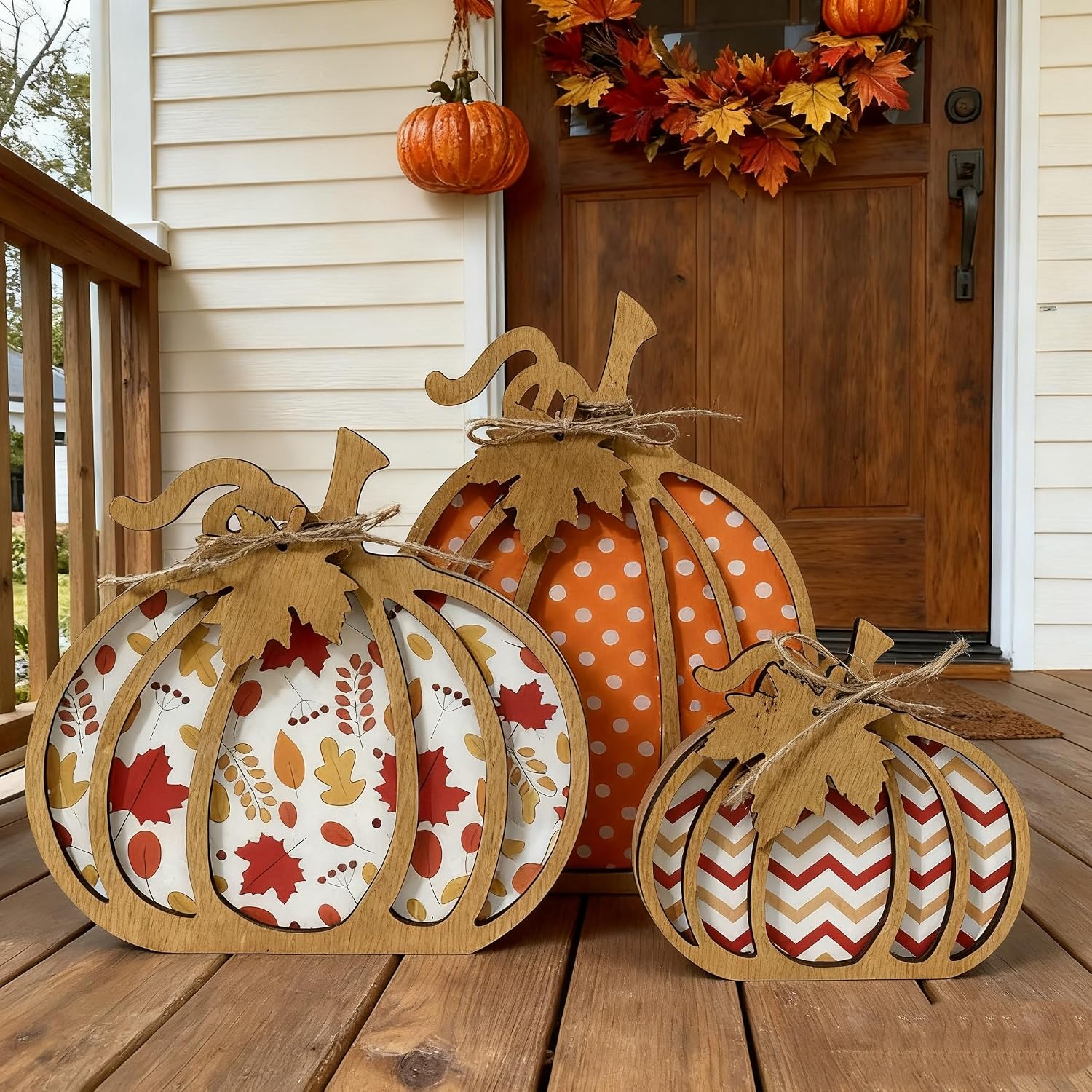 Fall Decor 3PCS Wooden Pumpkin – Autumn Farmhouse Self Sitters, Small Decor for Home Shelf Table Tiered Tray Mantel Office