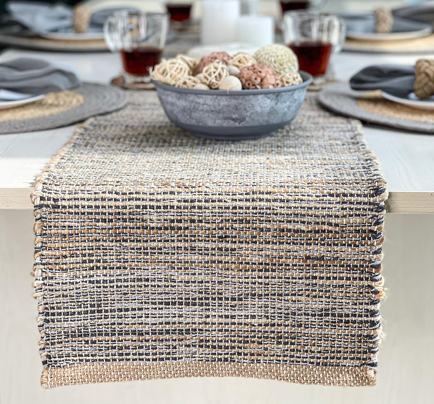 Chardin home Natural Jute Table Runner 13×72 Inch – Vintage Boho Rustic Table Decor – Handwoven Table Runner in Natural Jute and Grey – Farmhouse Dining or Console Table Accent