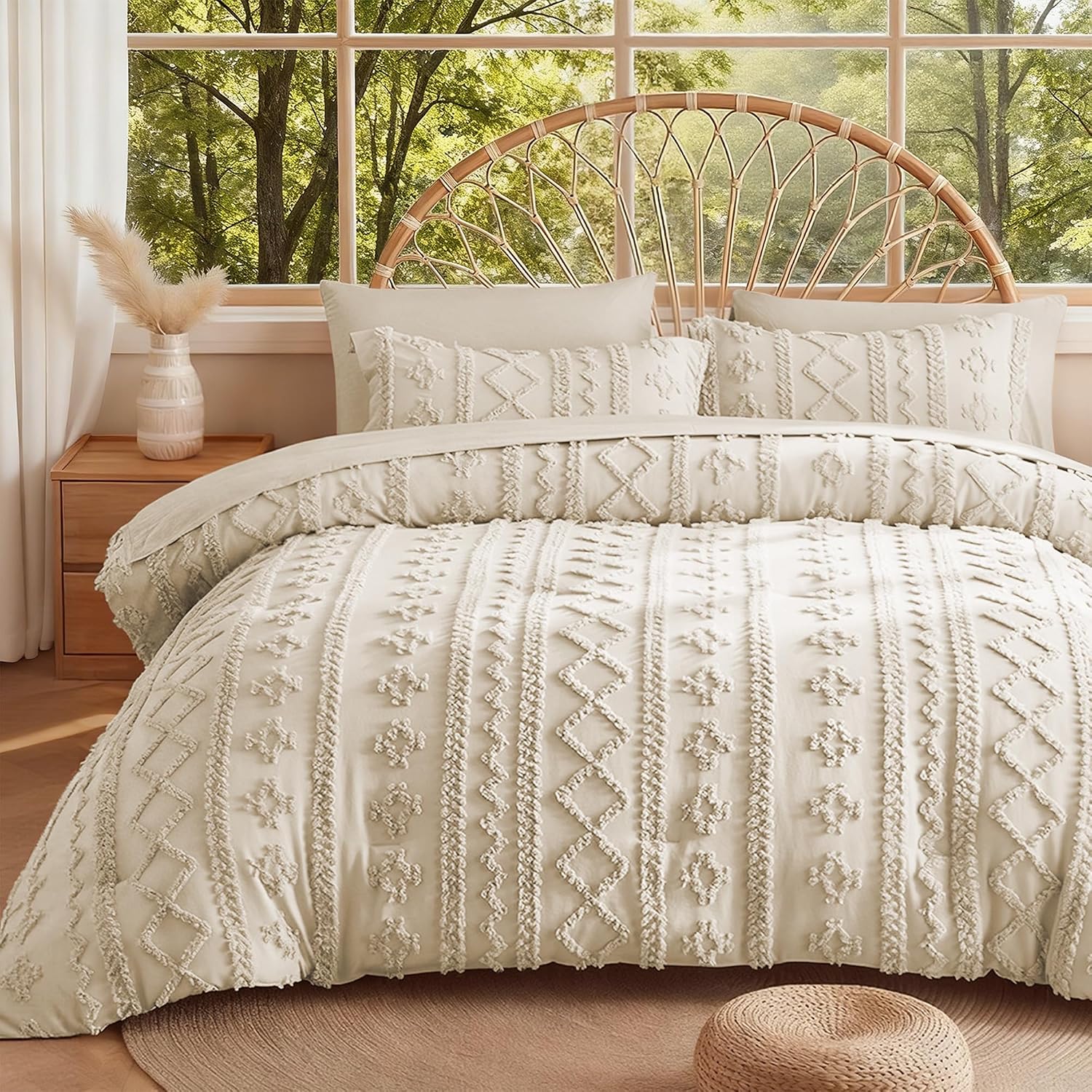 MR&HM Queen Comforter Set 7 Pieces, Fluffy Tufted Boho Beddding Set Beige | Shabby Chic Farmhouse Bed Set, All-Season Soft Microfiber Bed in a Bag Comforter with Sheets, Pillow Shams & Pillowcases