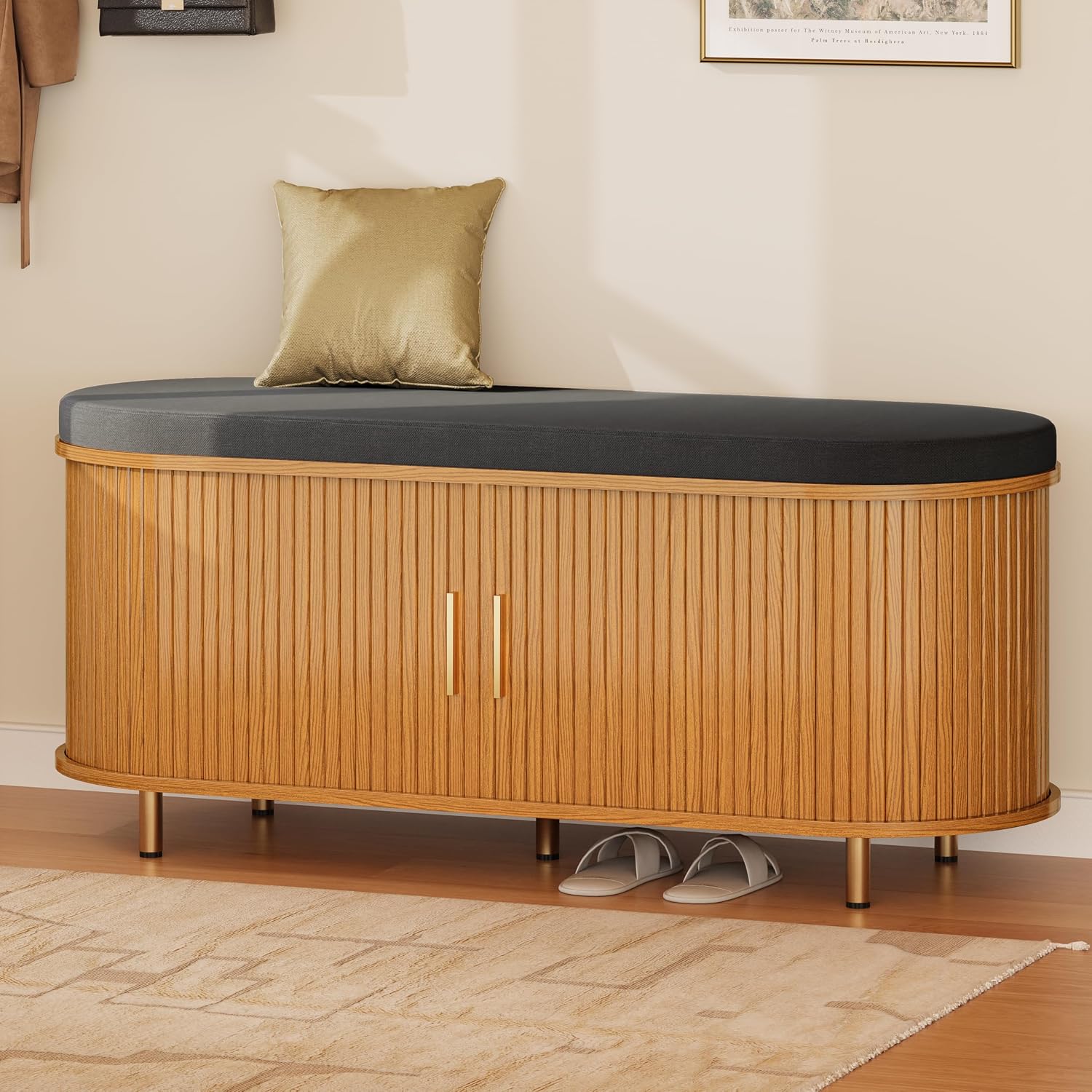 DHH 2-Tier Storage Bench,Wide Shoe Bench with Thickened Padded Seat Cushion, Mid Century Modern Fluted Sliding Door and Adjustable Shelf, for Entryway, Living Room, Bedroom (Yellow Walnut, 43.3“)