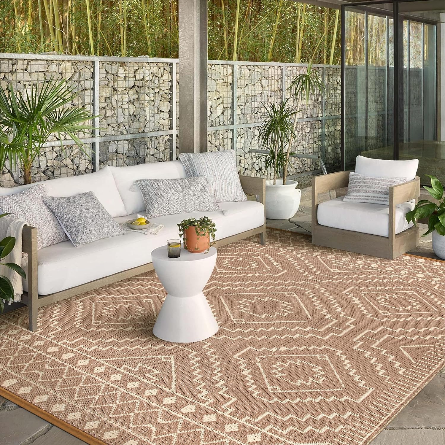 Wonnitar Outdoor Rugs 8×10 Waterproof Plastic Straw Rug, Large Outdoor Camping Rug for RV, Reversible Portable Outside Lightweight Area Rug for Backyard Balcony Beach Picnic (Beige & Brown,8’x10′)