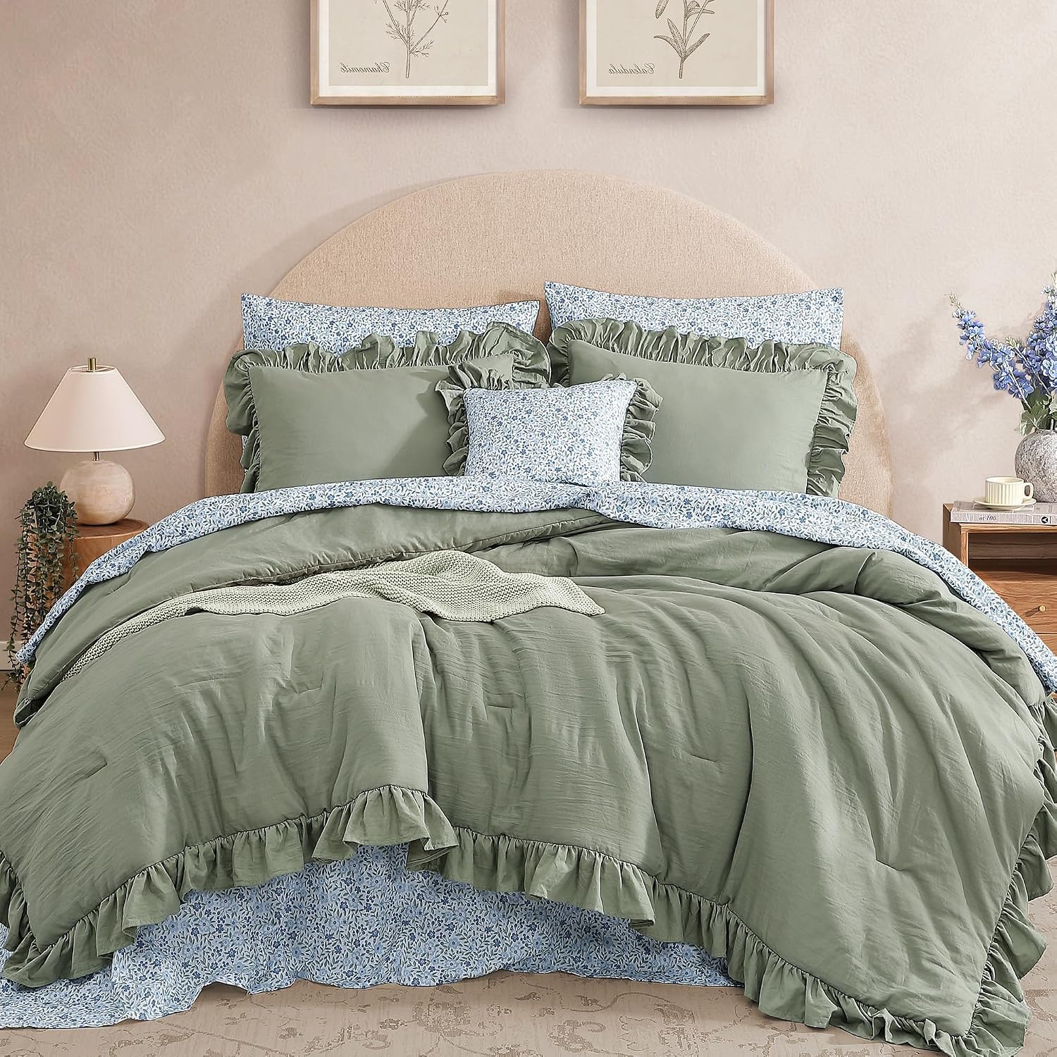 BLOOMHAVEN Queen Comforter Set – 7 Pieces Ruffle Sage Green Bedding Sets, Shabby Chic Farmhouse Bed in a Bag Queen with Ruffle Comforter, Floral Sheets, Pillowcases & Shams