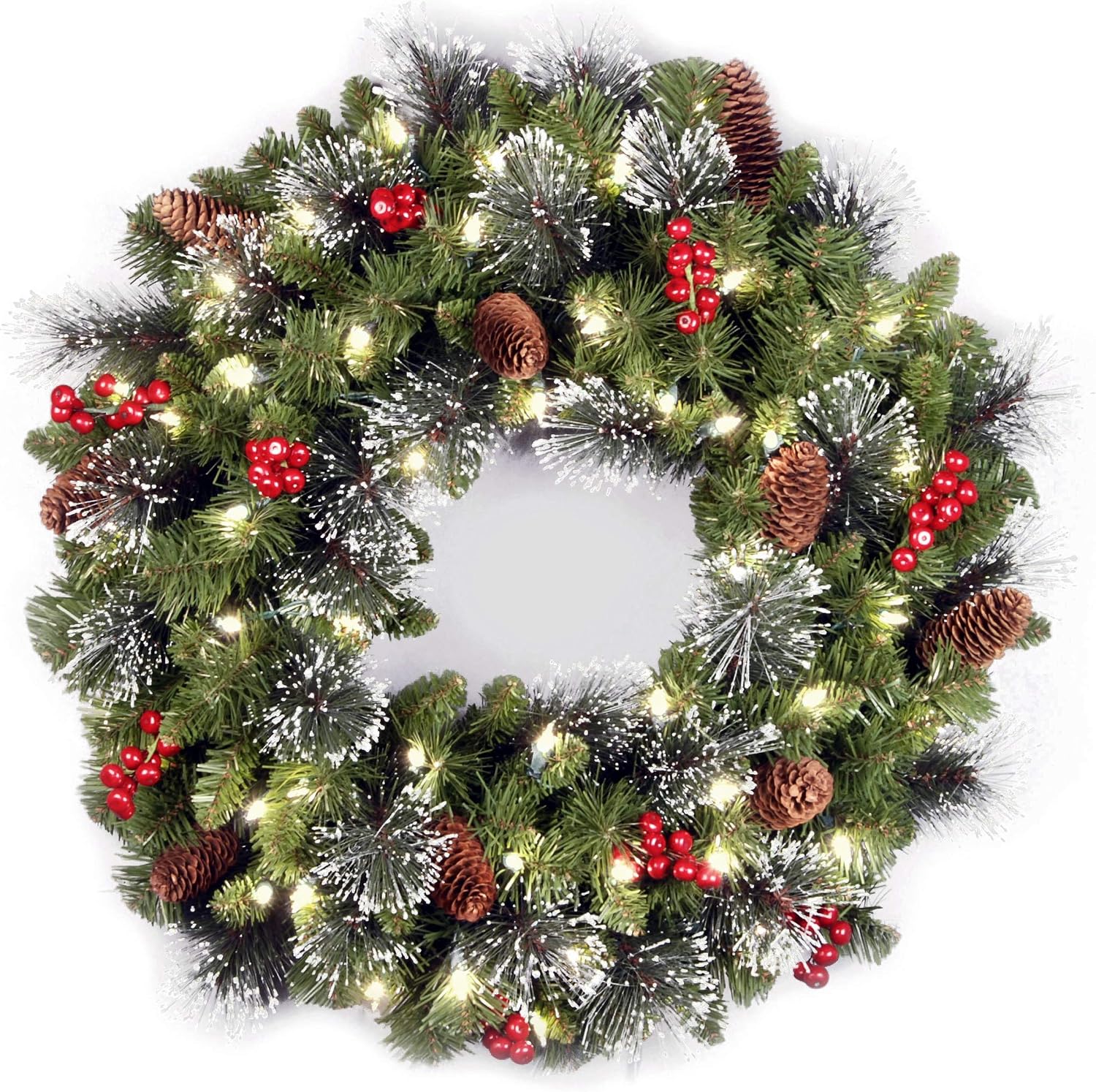 National Tree Company 24 in Pre-Lit Crestwood Spruce Artificial Christmas Wreath, Christmas Decoration with Glitter, Pinecones, Red Berries, 50 Warm White LED Lights, 160 Tips, Timer, Green | 50 Warm White LED Lights, 160 Tips, Artificial Christmas Decoration With Glitter, Pinecones, Red Berries, Timer, Green