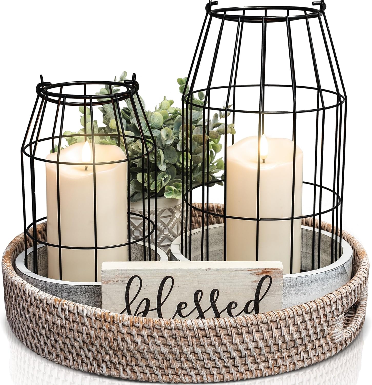 Rustic Farmhouse Lantern Decor Set of 2 – Stylish Decorative Lanterns for Your Living Room, Patio & Porch or Kitchen Dining Table – Modern Indoor/Outdoor Coffee Table Decor for Your Entire Home