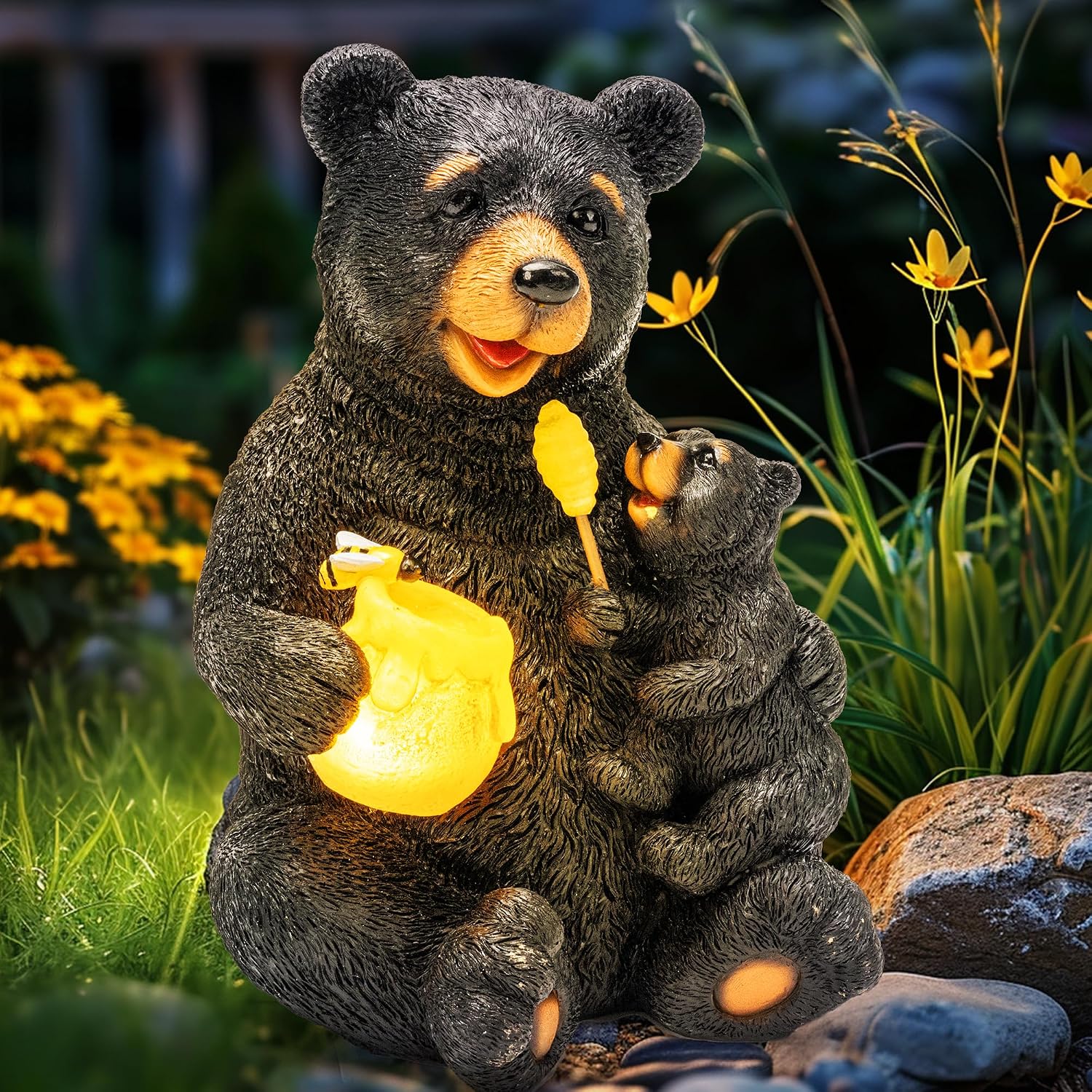 GIGALUMI Solar Garden Statues Bears 9″ Black, Yard Decorations Outdoor | Loving Black Bear Decor, Bear Figurine Lights for Outside, Garden Decor Unique Birthday Housewarming Gifts for Women, Mom