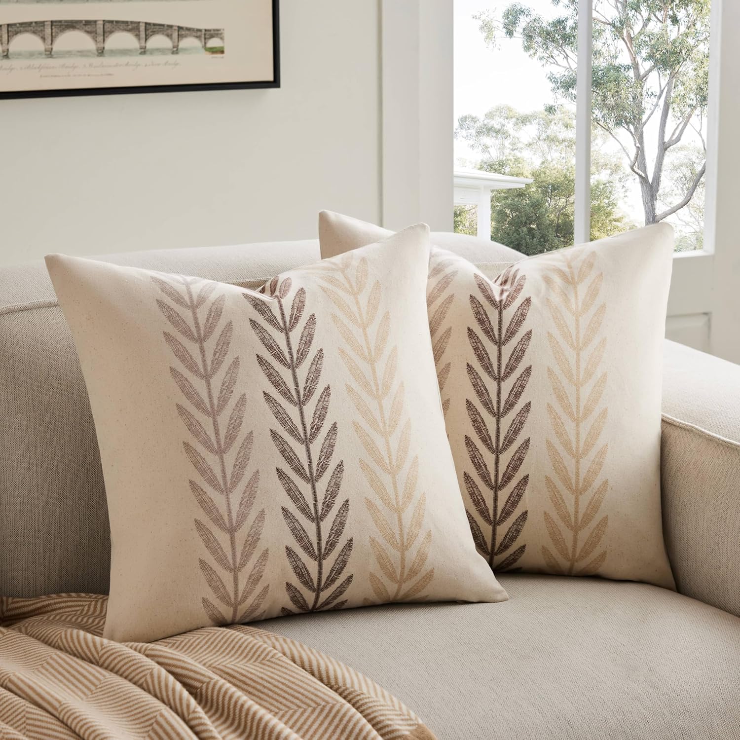 Farmhouse Leaves Throw Pillow Covers Set of 2, 18x18in Mixed Beige | 100% Organic Cotton, Rustic Accent Print Pillow Case, Pastoral Decorative Cushion Covers for Sofa Bed Living Room Home Decor