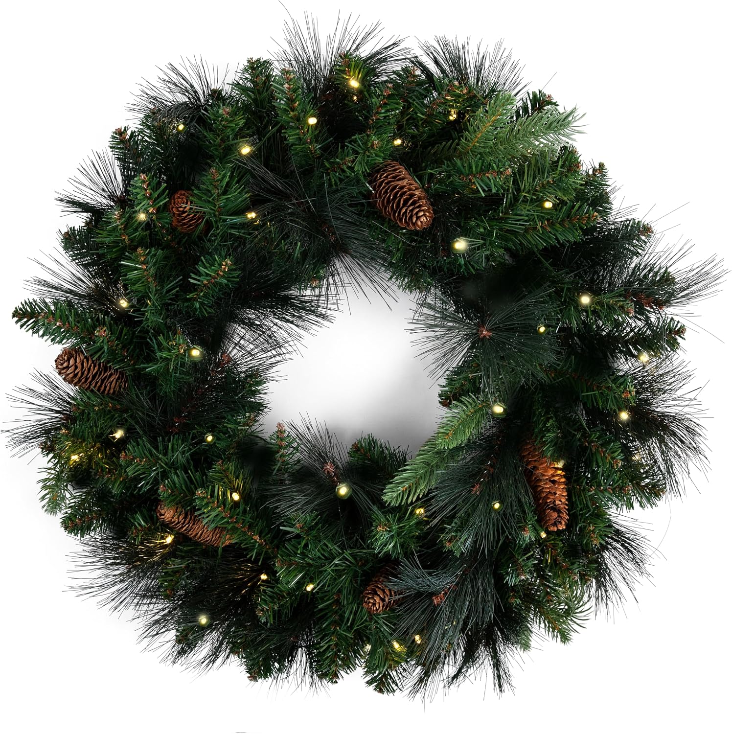 Papyrus 24″ Pre-Lit Carolina Pine Artificial Wreath, Pine Cones, Warm White Light, Battery Powered, Indoor/Outdoor