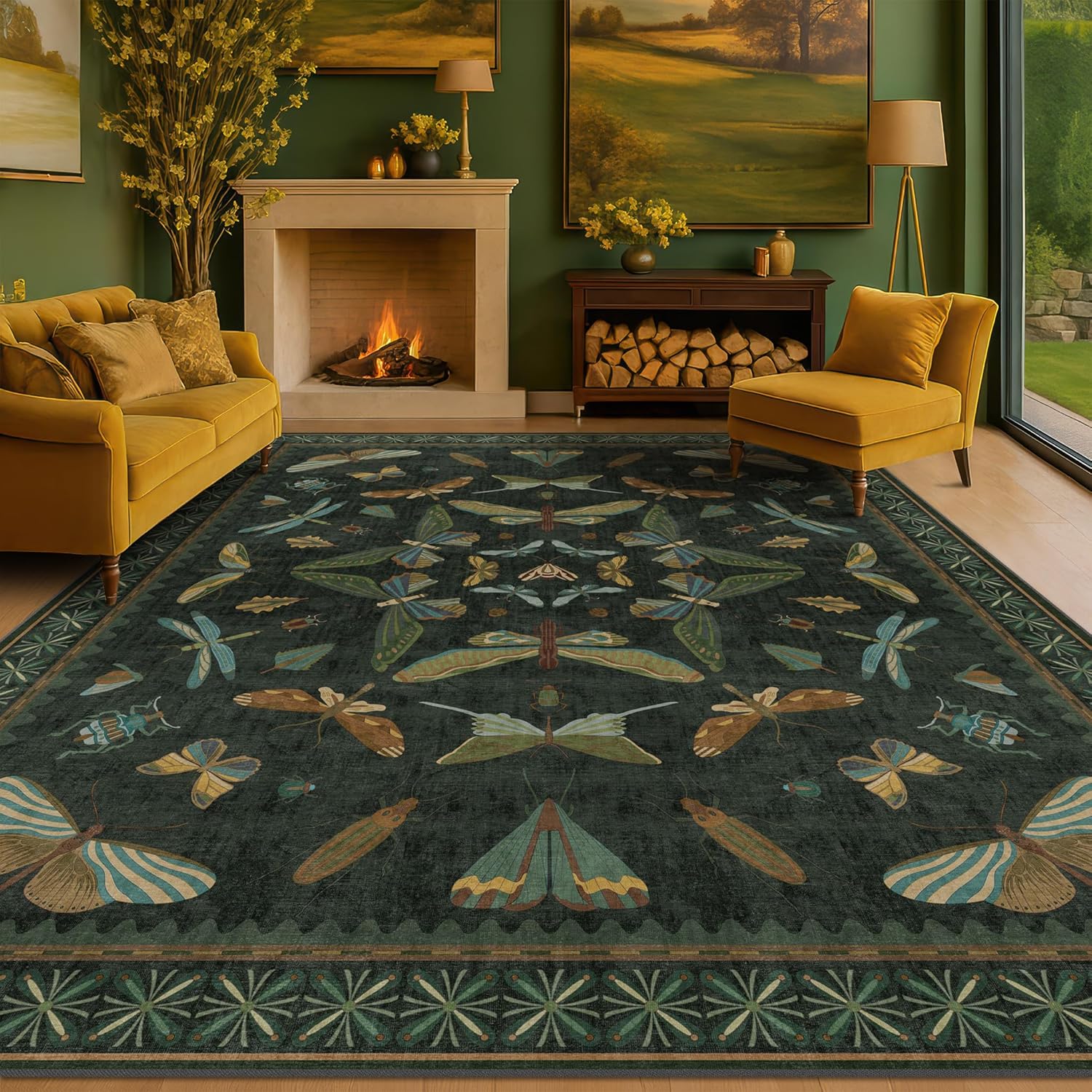 Hazo Haus Dark Green Insect Area Rugs 8×10 for Living Room, Dining Room Under Table, Bedroom, Unique Washable Floral Non Slip Low Pile Soft Rug