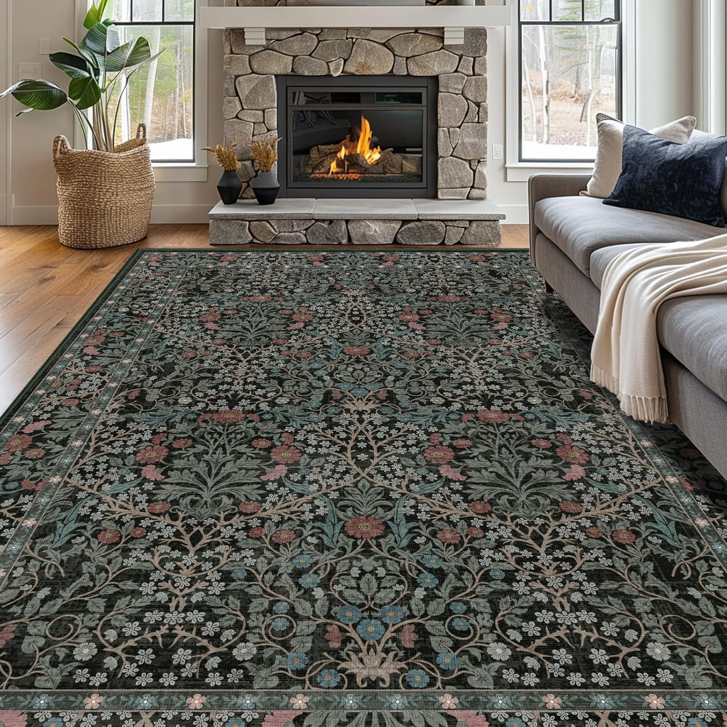 8×10 Washable Area Rugs for Living Room, Stain Resistant Vintage Rugs for Dining Room Under Kitchen Table, Bedroom, Floral Low Pile Non-Slip Large Carpet (8 x 10 Dark Green)