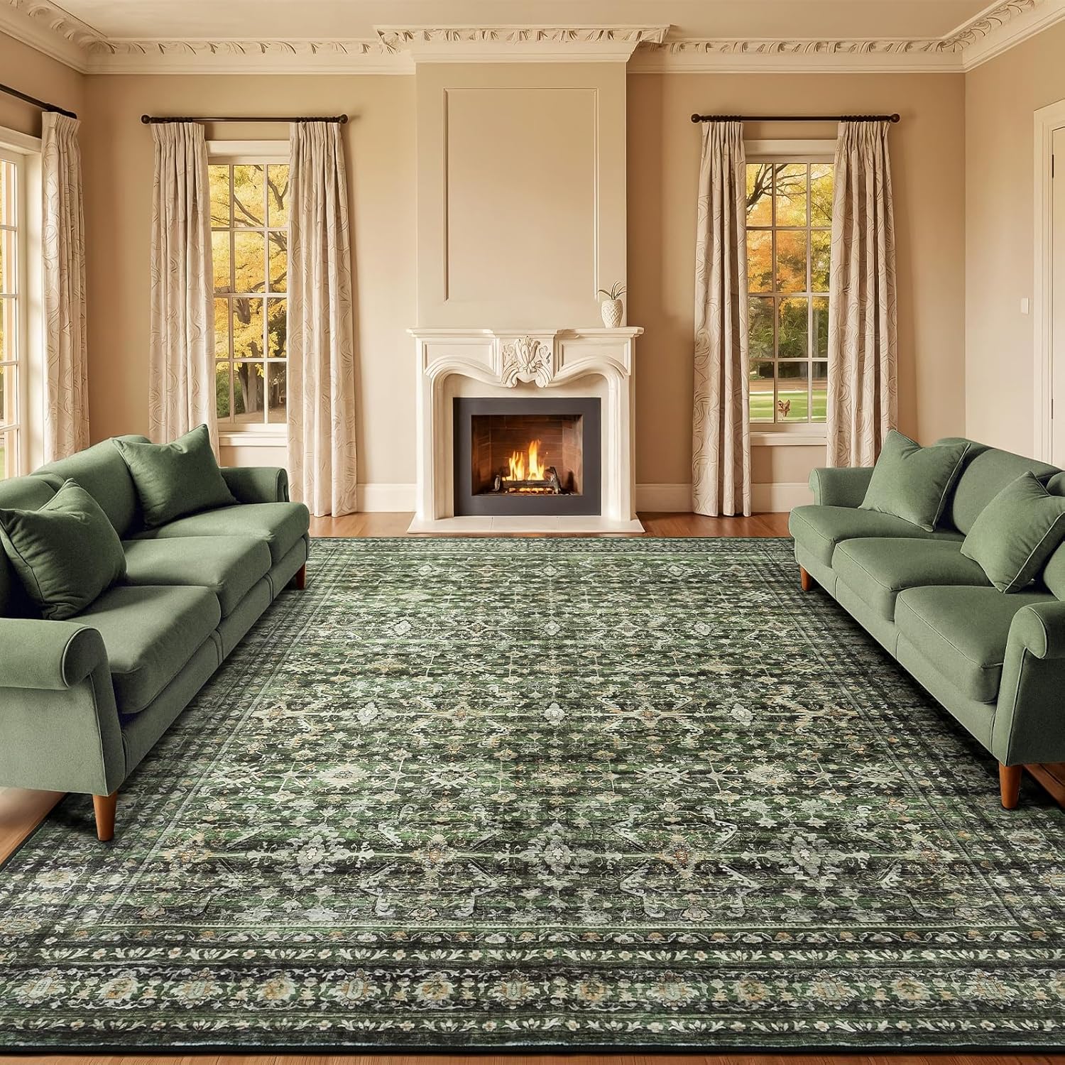9×12 Area Rugs for Living Room, Green Washable Non-Slip Large Carpet | Soft Boho Area Rug for Bedroom Dining Room Home Office Indoor Nursery, Stain Resistant, Low Pile, Vintage Distressed Rug