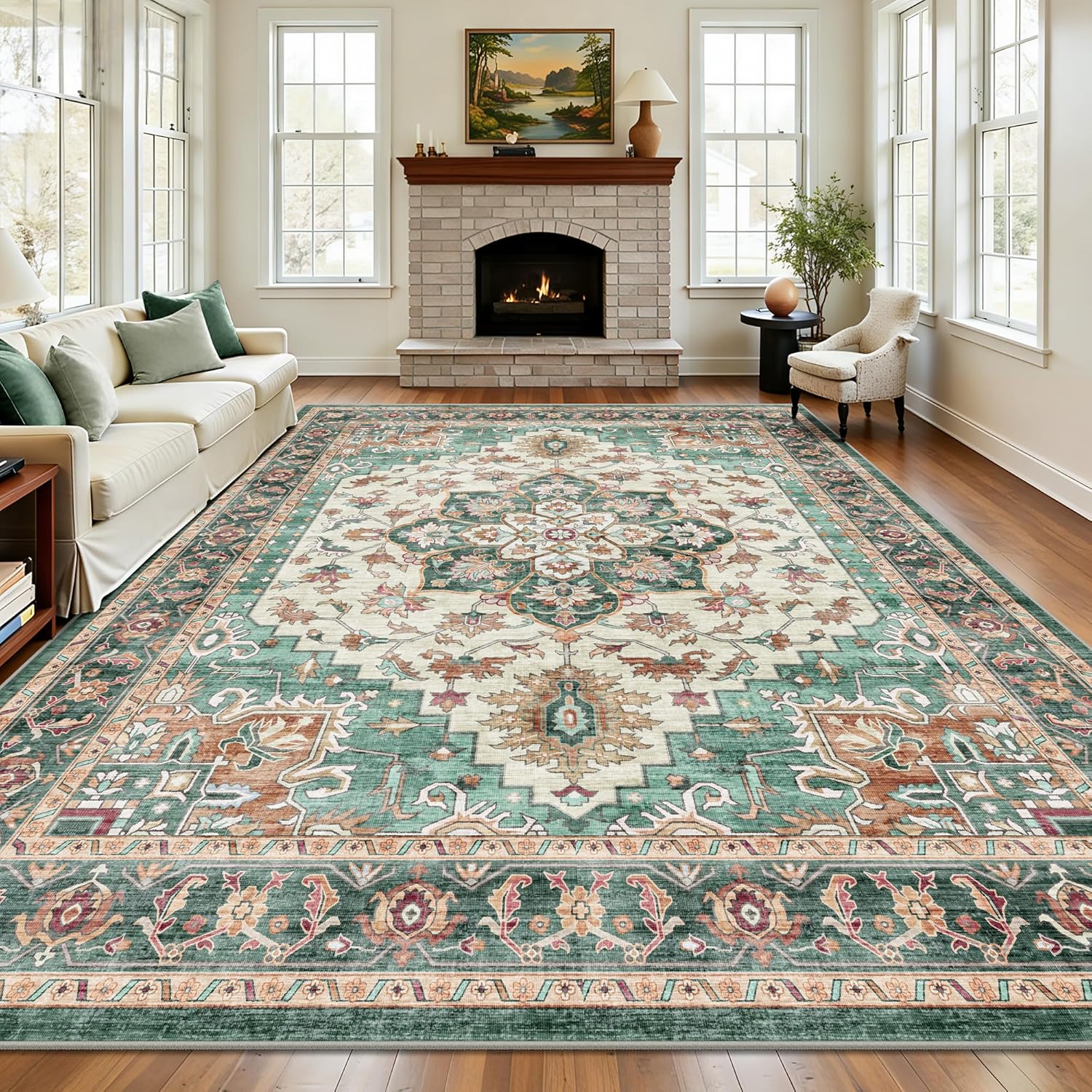 8×10 Area Rugs for Living Room – Washable Rug Vintage Distress Boho Medallion Rugs for Bedroom, Soft Non-Slip Backing Low Pile Carpet for Dining Room Office Nursery Dorm Home, Green Brown