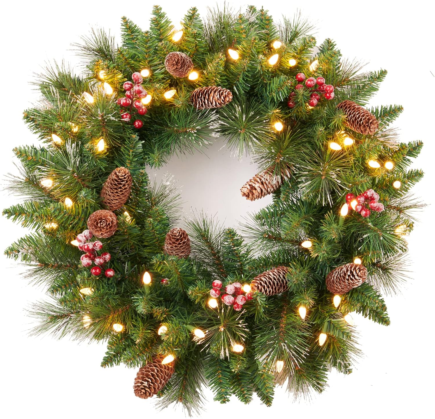 24 Inch Artificial Pre-Lit Christmas Wreath, Mixed Pine Decorated Frosted Berries, Pinecones, 50 LED Lights with Timer, Battery Operated, Holiday Decoration for Front Door, Outdoor