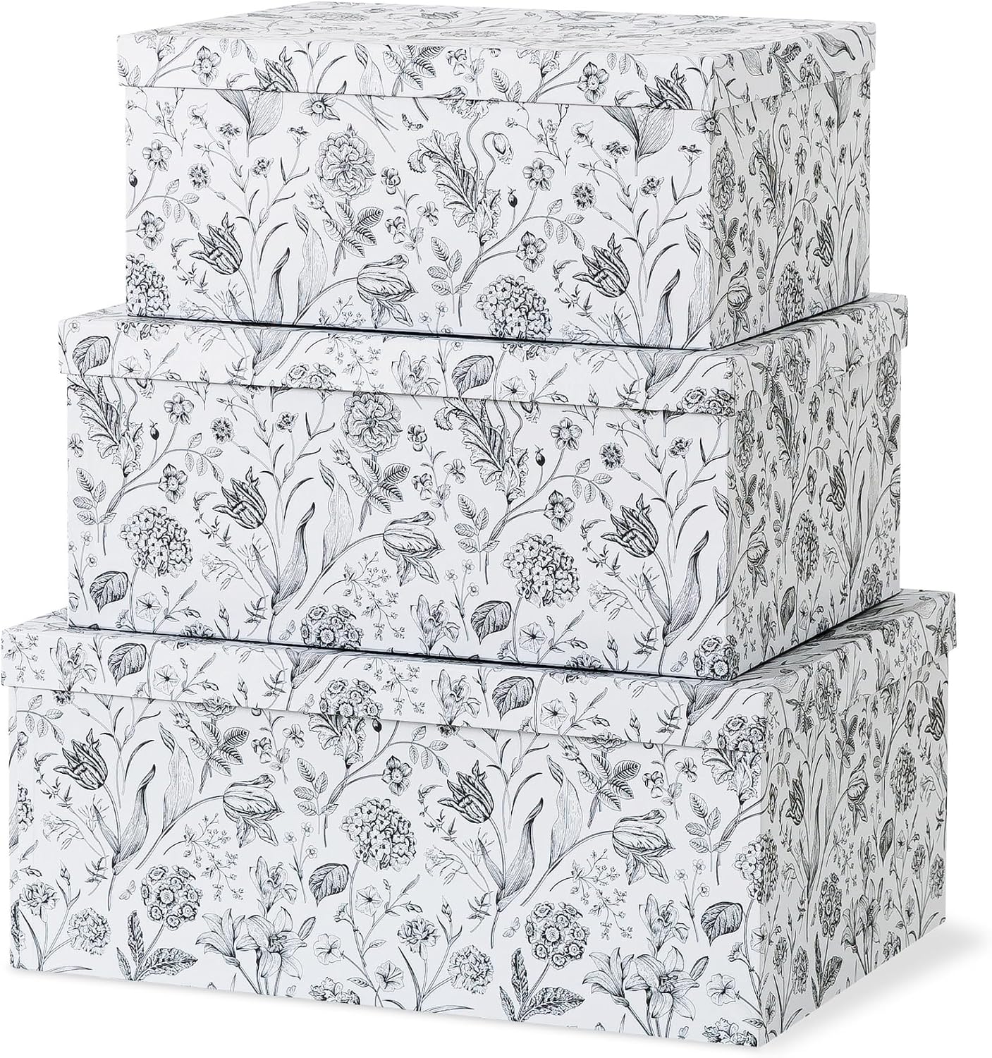 Soul & Lane – Modern Meadow Decorative Storage Boxes with Lids, Set of 3 | Large Nesting Cardboard Keepsake Boxes for Memories, Photos and Gifts, Pretty Modern Floral Containers for Home Decor