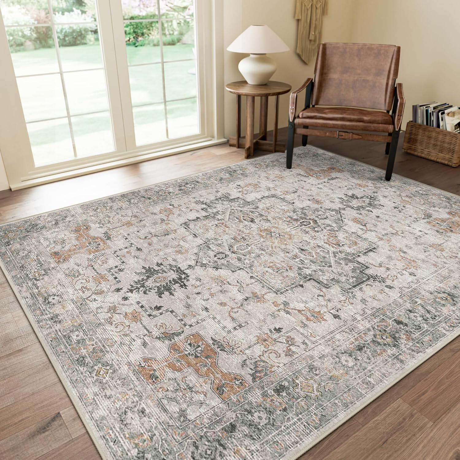 GENIMO 8×10 Washable Area Rugs for Living Room, Non Slip, Taupe | Large Vintage Floral Rug, Stain Resistant, Low Pile and Lightweight for Bedroom, Dining Room and Home Office