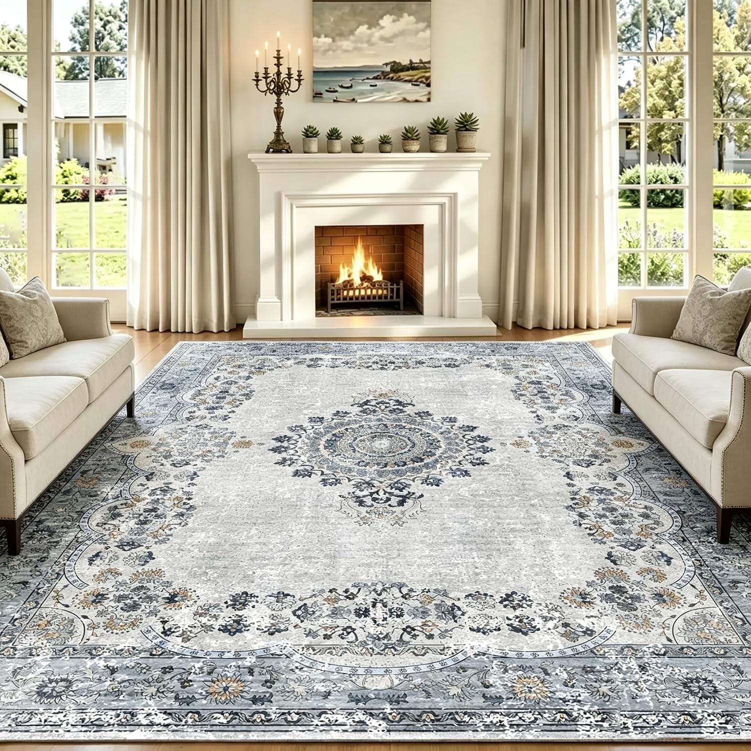 8×10 Area Rugs for Living Room, Non-Slip Washable Neutral Rug, Soft Thin Low Pile Traditional Ornate Accent Carpet for Living Room Bedroom Dining Room Home Decor (Blue-Gray)