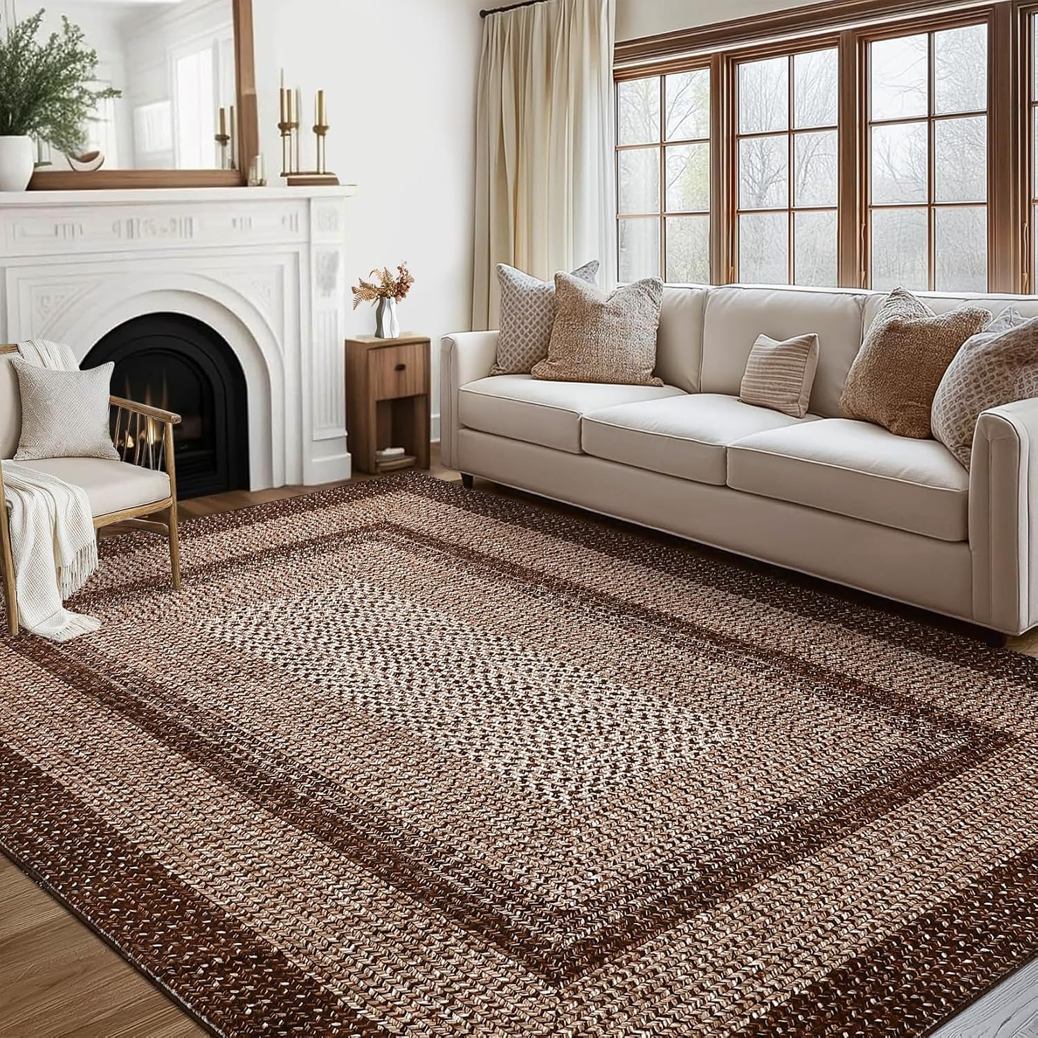 RUGSREAL 8×10 Area Rug Washable Large Living Room Rug Non Slip Farmhouse Rustic Floor Carpet Boho Accent Bedroom Rug Modern Geometric Throw Floor Cover Bohemian Border Carpet, Brown
