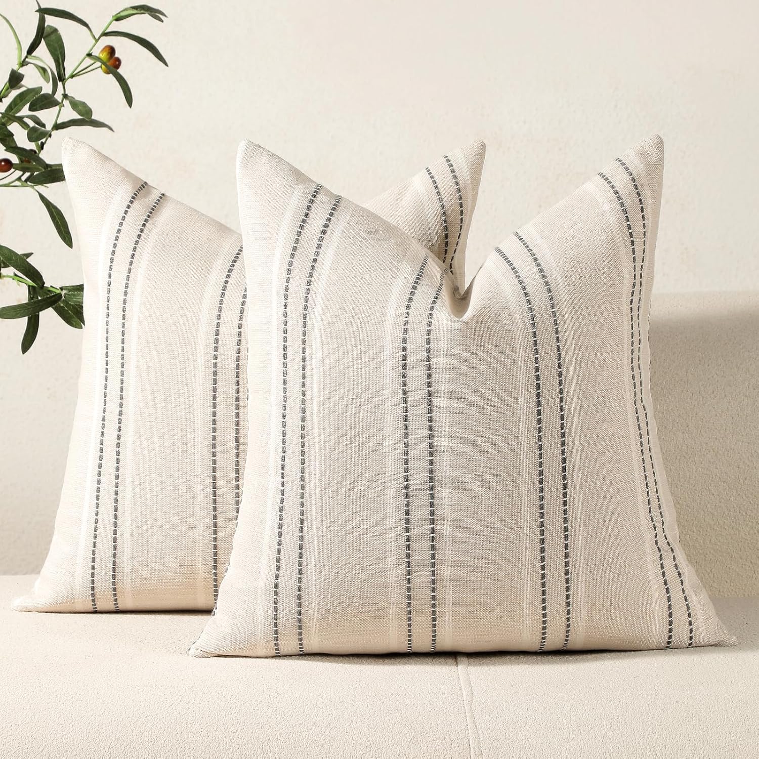 Hckot Decorative Pillow Covers 18×18 Striped Throw Pillows Textured Linen Pillow Covers Farmhouse Decor Cushion Covers for Couch Bed Living Room, Grey