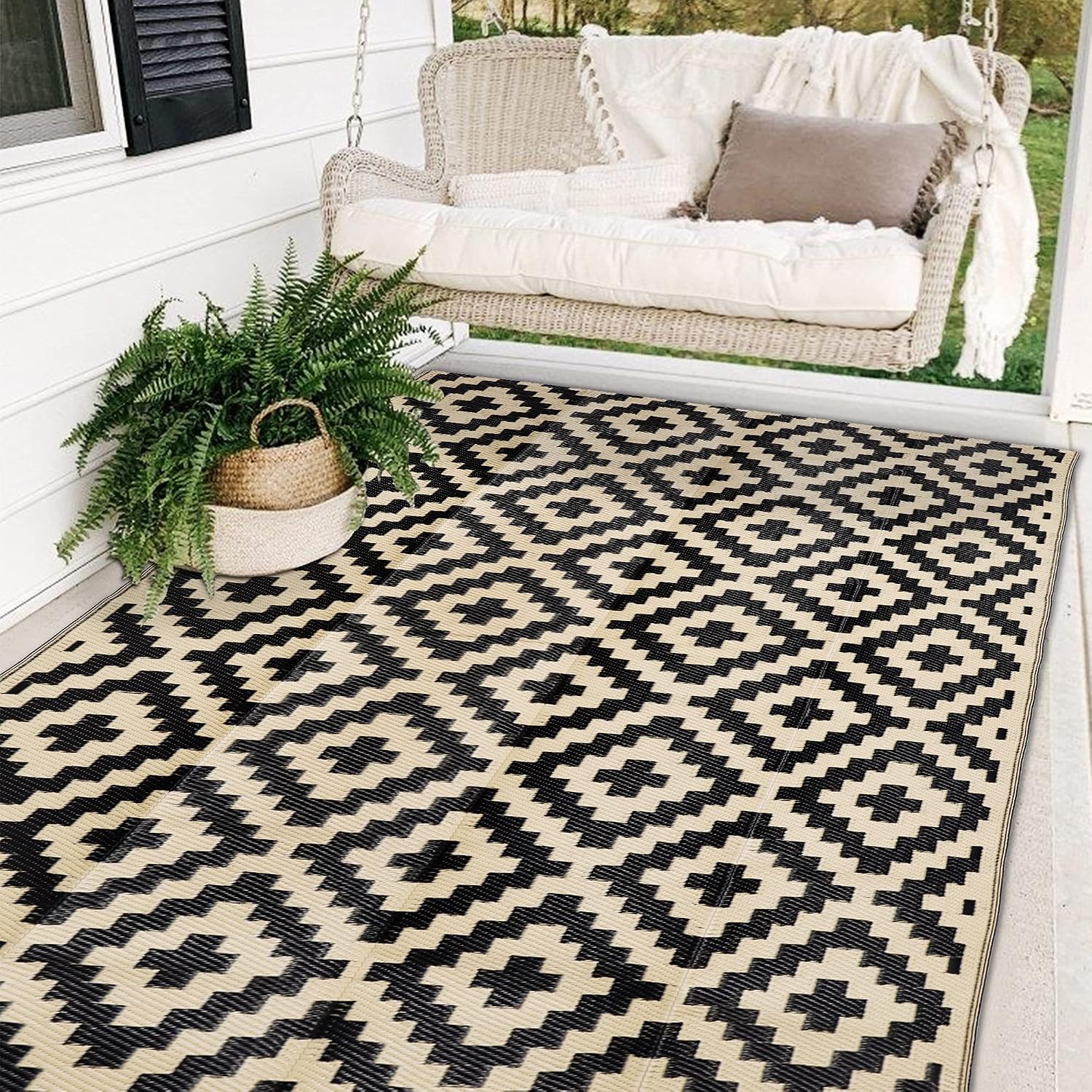 Waterproof Outdoor Rug 5×8 ft, Plastic Reversible Rug, Modern Area Rug, Large Floor Mat for Outdoors, RV, Patio, Backyard, Deck, Picnic, Beach, Camping, Black & Beige