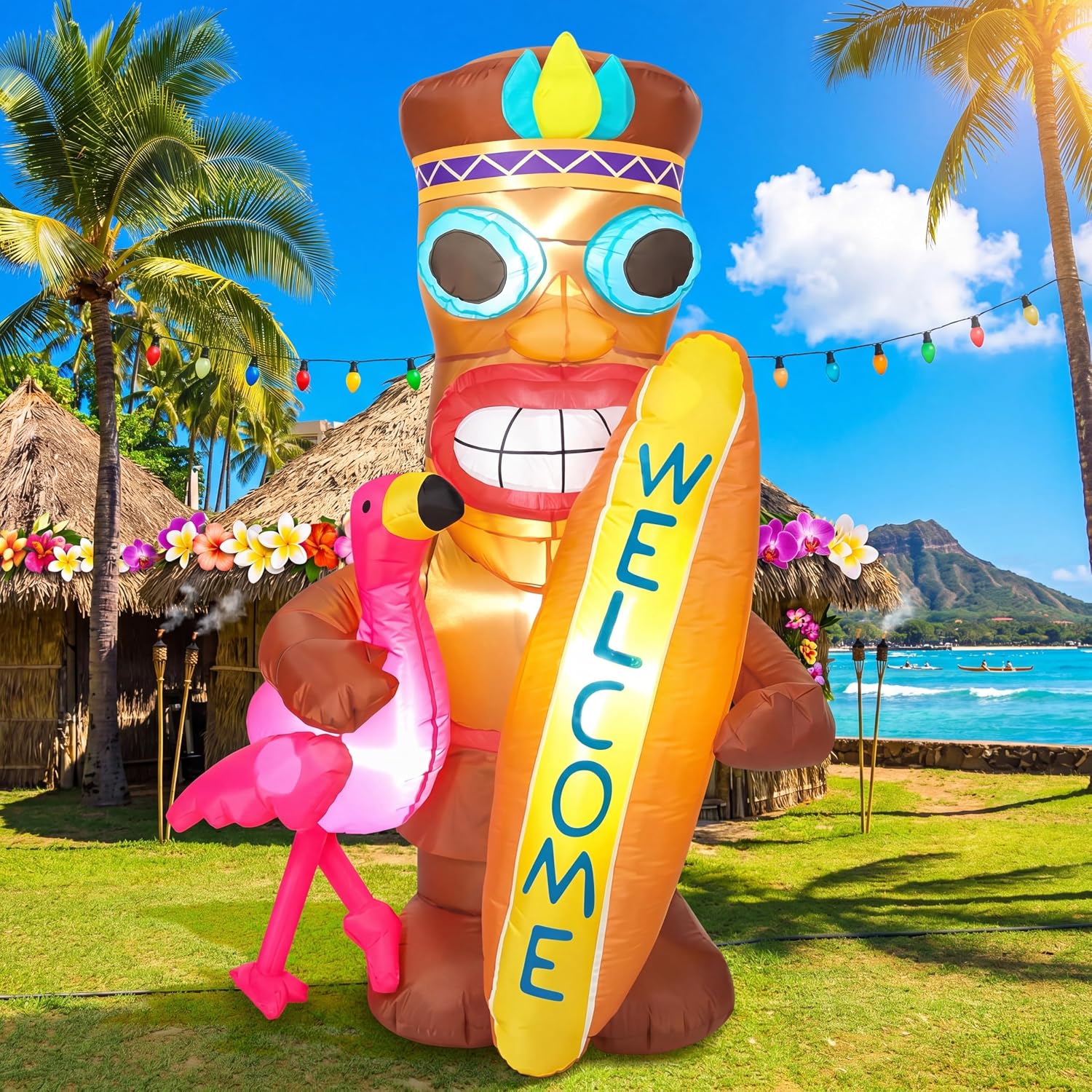 Shappy 5 FT Inflatable Tiki Flamingo Decoration with LED Lights, Hawaiian Luau Party Decor, Tropical Tiki Totem Blow Up for Summer Beach Party, Outdoor Yard Lawn Garden Decoration