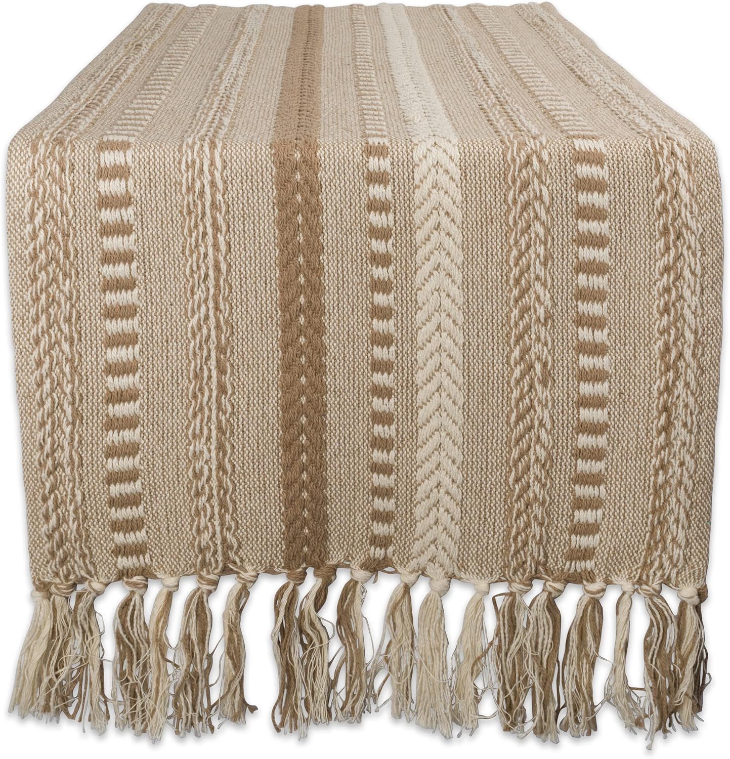DII Farmhouse Braided Stripe Table Runner Collection, 15×72 (15×77, Fringe Included), Stone
