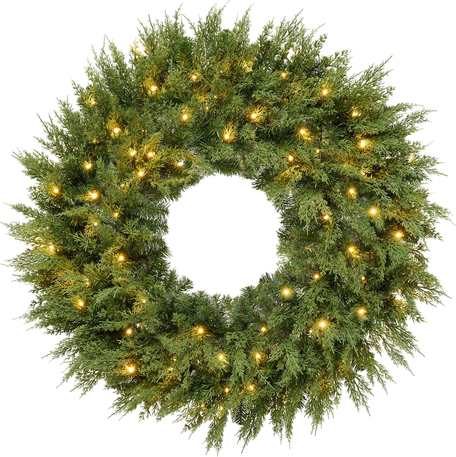 Best Choice Products Pre-Lit Cedar Cypress Christmas Wreath w/Twinkling LEDs, 30in Realistic Large Indoor/Outdoor Holiday Decor for Door, Plug-in