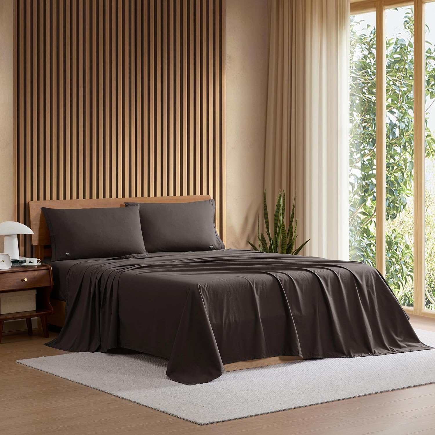 Lacoste 100% Cotton Percale 4-Piece Sheet Set – Crisp Cool Breathable All-Season Bedding, Oeko-Tex Certified, Soft Matte Finish, Durable Premium Cotton – Solid, Dark Gray, Queen