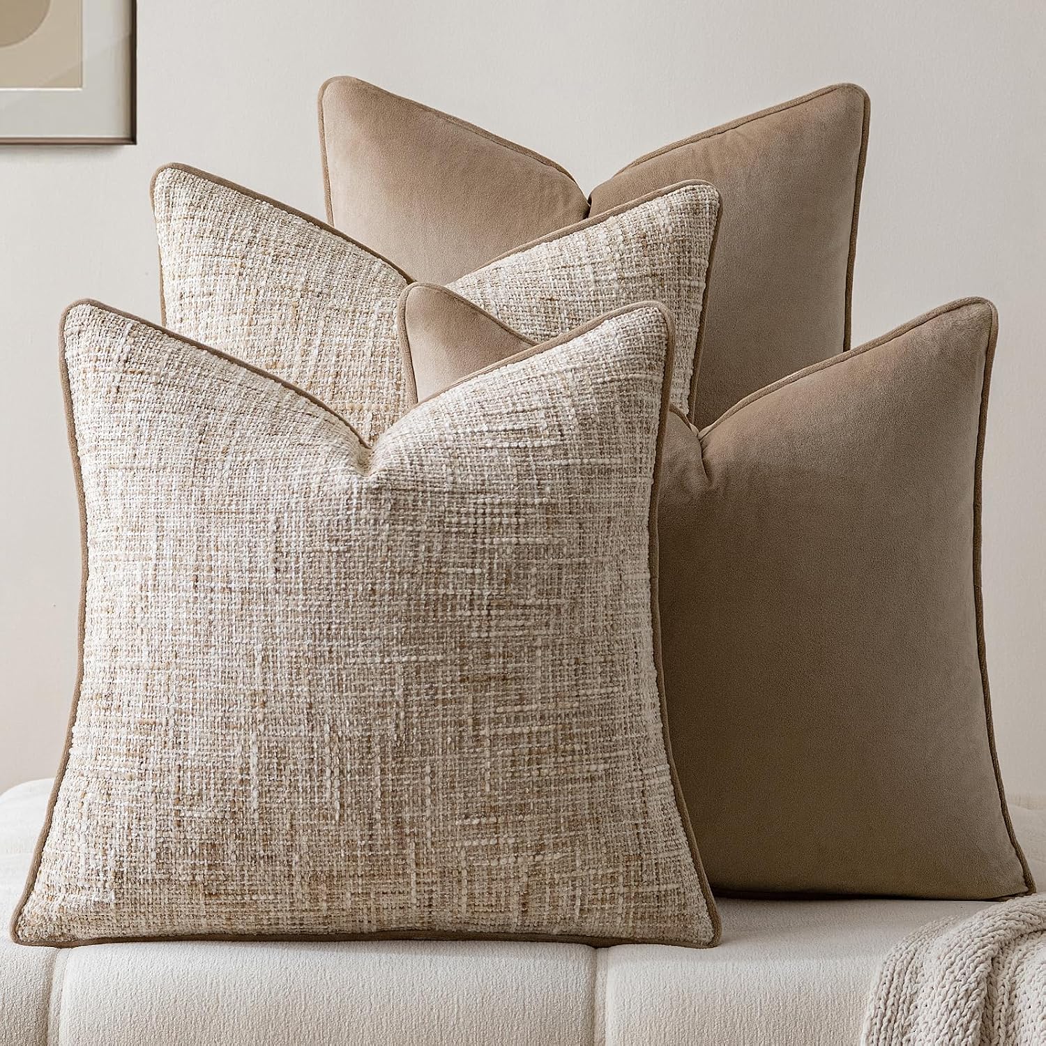 a moment Khaki 4 Pack Throw Pillow Covers – Chenille & Velvet Set with Piping, Farmhouse Textured Design Cushion Cases for Couch Sofa Bed (20×20 Inch, No Insert)