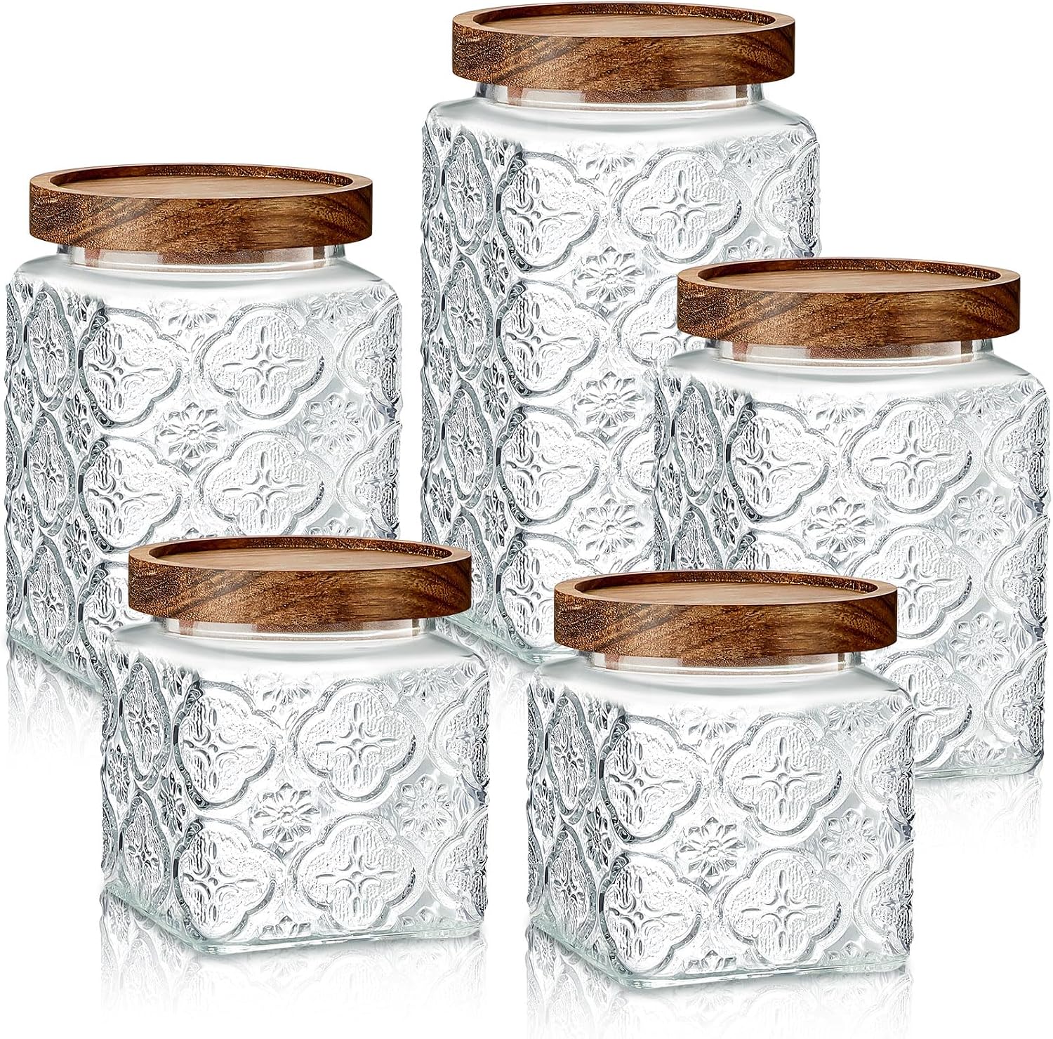Gerrii Clear Begonia Square 5 Pcs Vintage Glass Food Storage Containers 17/24/34 oz Glass Jar with Lid Airtight Candy Food Canisters for Kitchen Counter Pantry Coffee Beans
