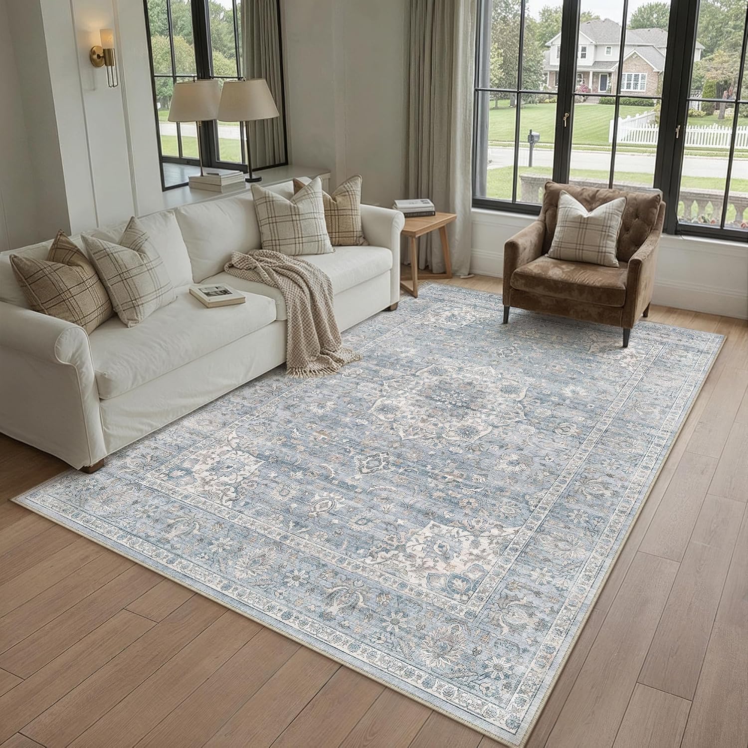 5×7 Area Rugs Washable Blue Floral Medallion Rug | Soft Low Pile, Non Slip, Vintage Distressed Accent Indoor Throw Rug for Living Room, Bedroom, Nursery, Home Decor