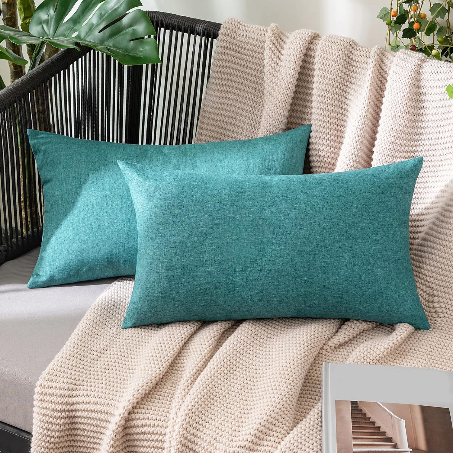 MIULEE Pack of 2 Decorative Outdoor Solid Waterproof Throw Pillow Covers Faux Linen Garden Farmhouse Coastal Cushion Cases for Summer Patio Tent Balcony Couch Sofa 20×12 Inch Turquoise