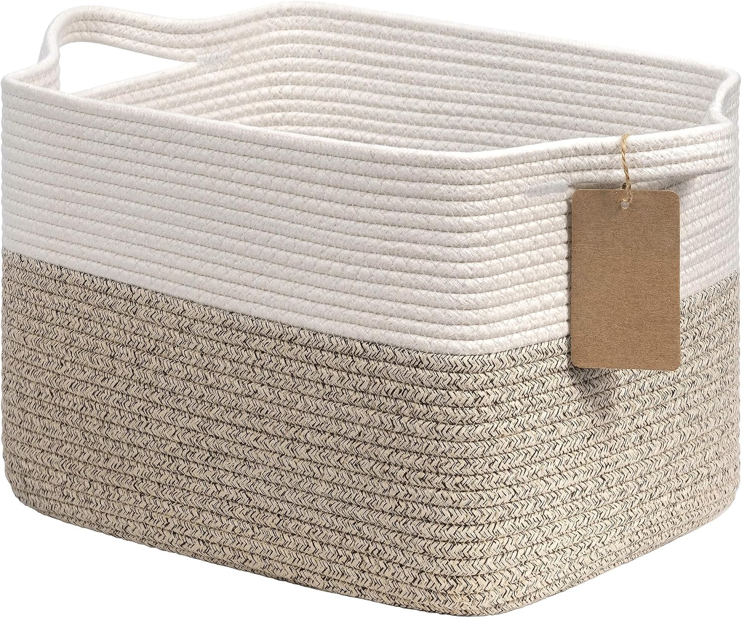 Goodpick Woven Rope Storage Basket for Shelves, Rectangle, Light Brown | 13″ × 10″ × 9″ Stylish Gift Basket for Home Organization, Fits Dog Toys, Books & Nursery Essentials Storage, Writable Label
