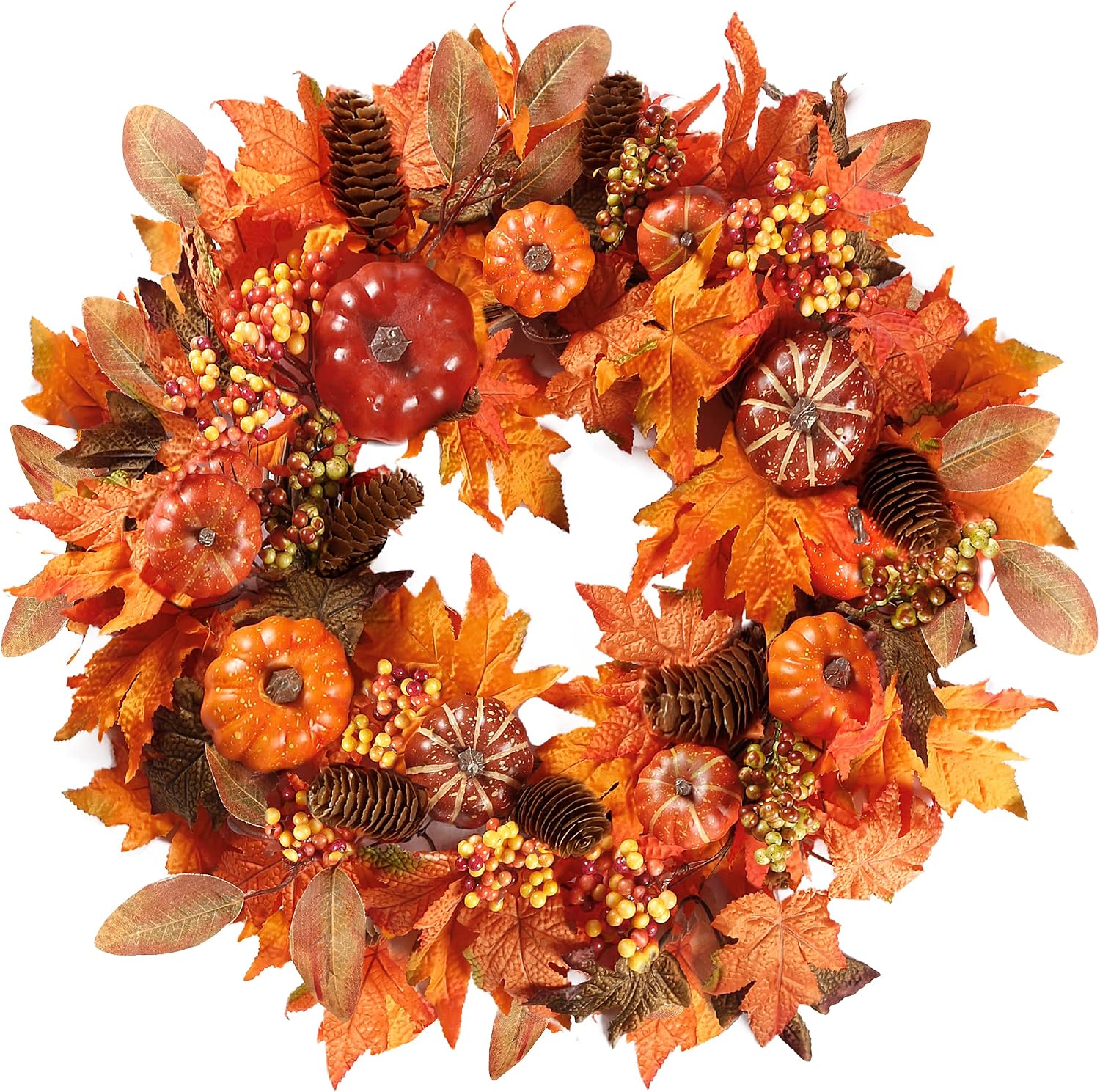 Sggvecsy Fall Wreath 20’’ Autumn Front Door Wreath with Various Pumpkin Cluster of Berries Maple Leaves Pine Cones for Outside Indoor Wall Window Festival Thanksgiving Harvest Autumn Fall Decor