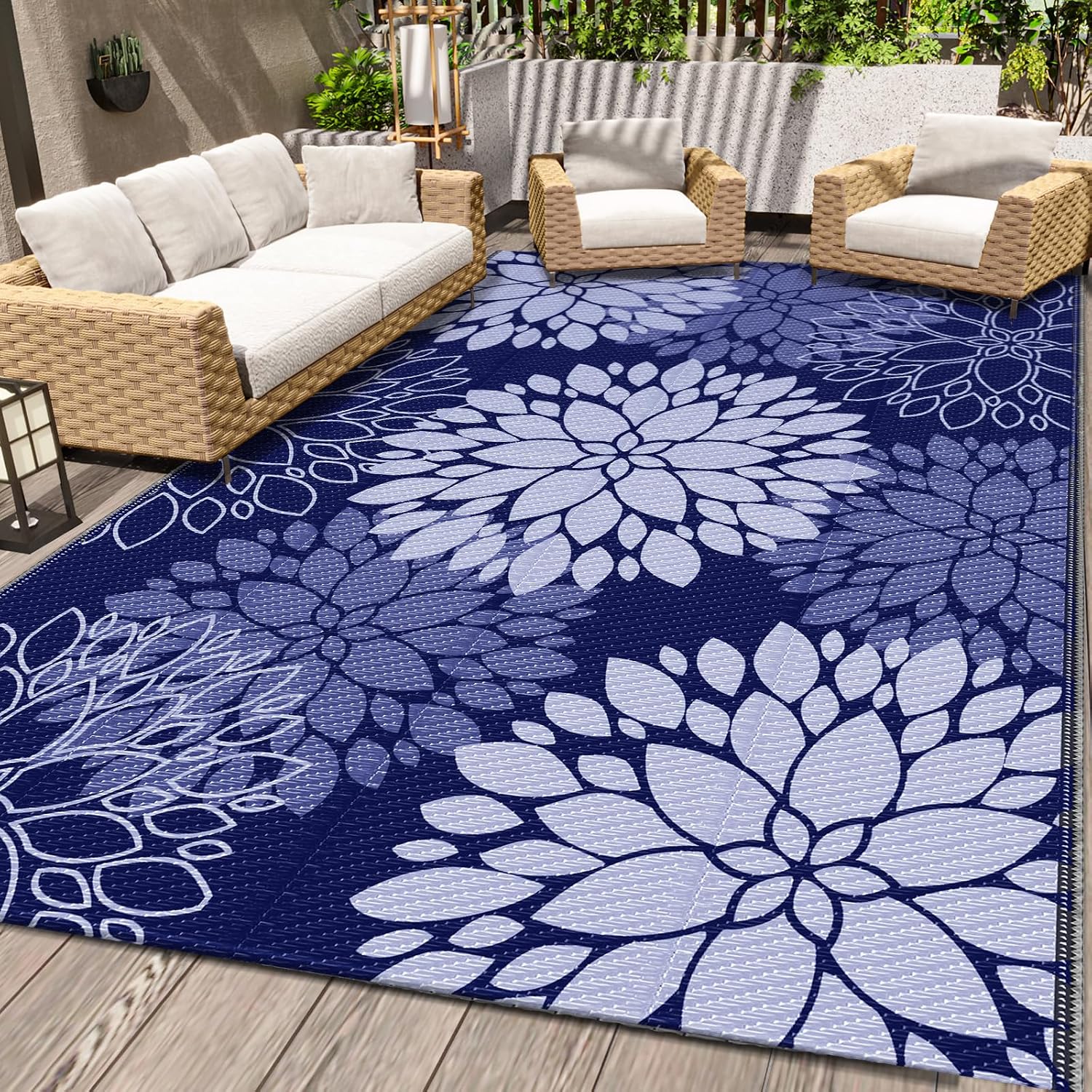 LuxStep Outdoor Rug Waterproof Outdoor Plastic Straw Rug Reversible Patio Rug Mat Outdoor Decor Large Area Mats for RV, Picnic, Backyard, Deck, Balcony, Porch, Beach, Camping, 5′ x 8′ Blue