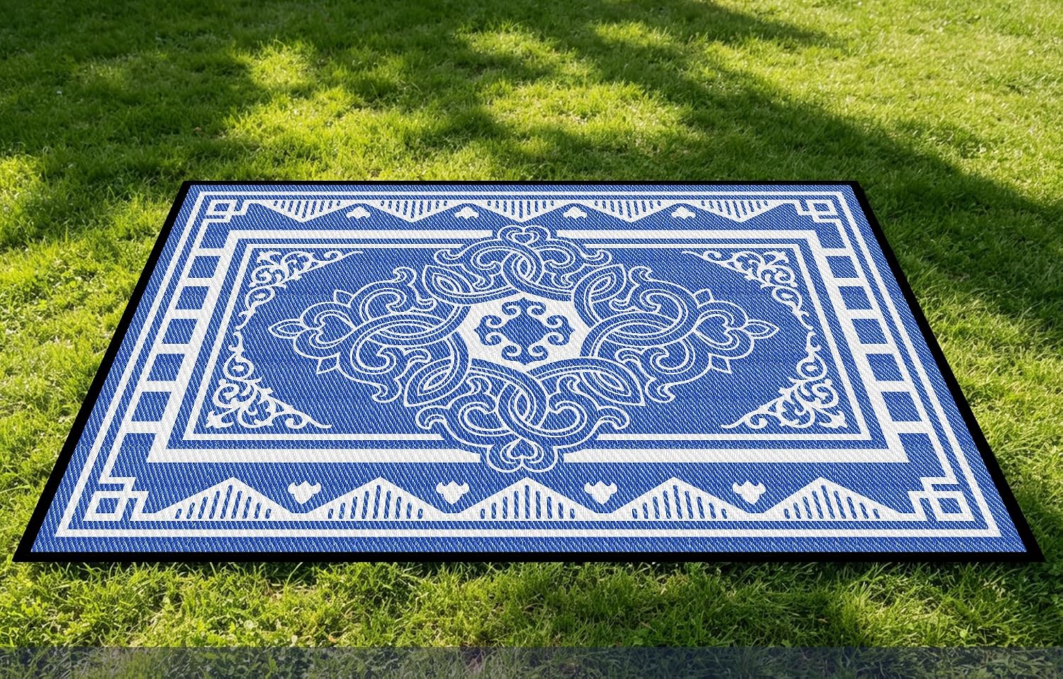 5’x8′ Blue Floral Reversible 400GSM Polypropylene Hollow Tube Outdoor Rug, Hydrophobic UV Fade Resistant Easy Clean Foldable Patio Mat with Carry Bag for Pool Deck RV Camping Backyard Beach
