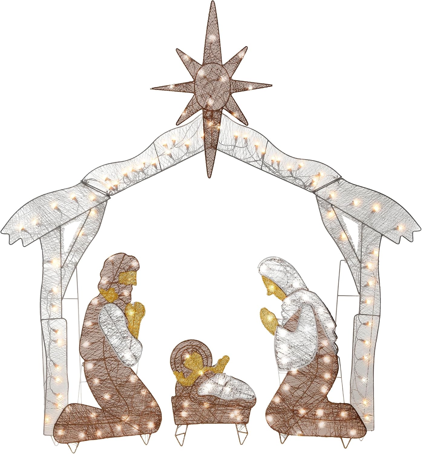 National Tree Company Pre-lit Artificial Christmas Décor – Includes Pre-strung White Mini White LED Lights and Ground Stakes – Crystal Holy Family Nativity – 4.5 ft | 150 Clear Lights, Includes Stand, Ground Stakes, Artificial Outdoor Chistmas Decoration