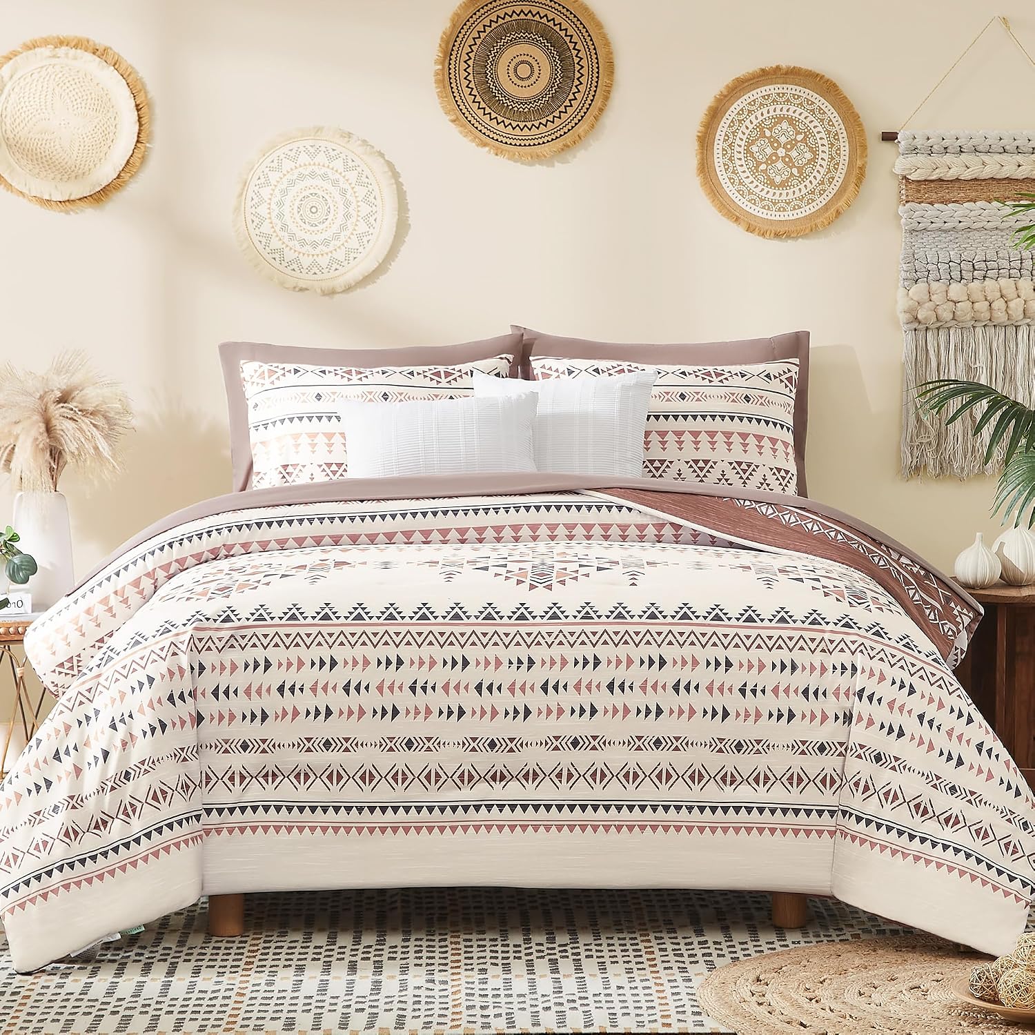 Queen Comforter Set – 7 Pieces Western Bedding Set Reversible Bed in A Bag | Boho Bedding, All Season Aztec Bed Set with Comforter, Sheets, Pillowcases & Shams, Burgundy